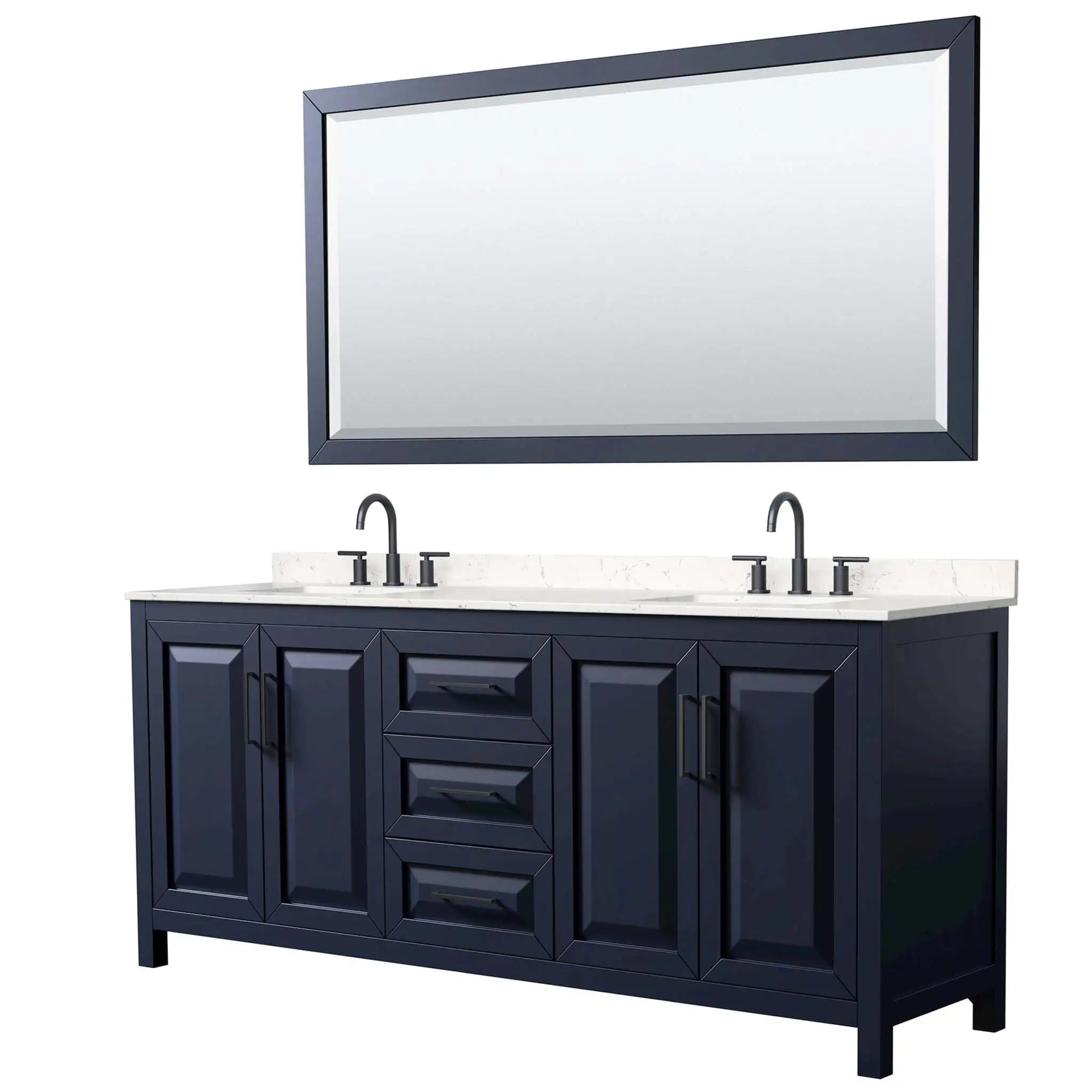 80" Daria Double Bathroom Vanity in Dark Blue with Matte Black Trim & 70" Mirror by Wyndham