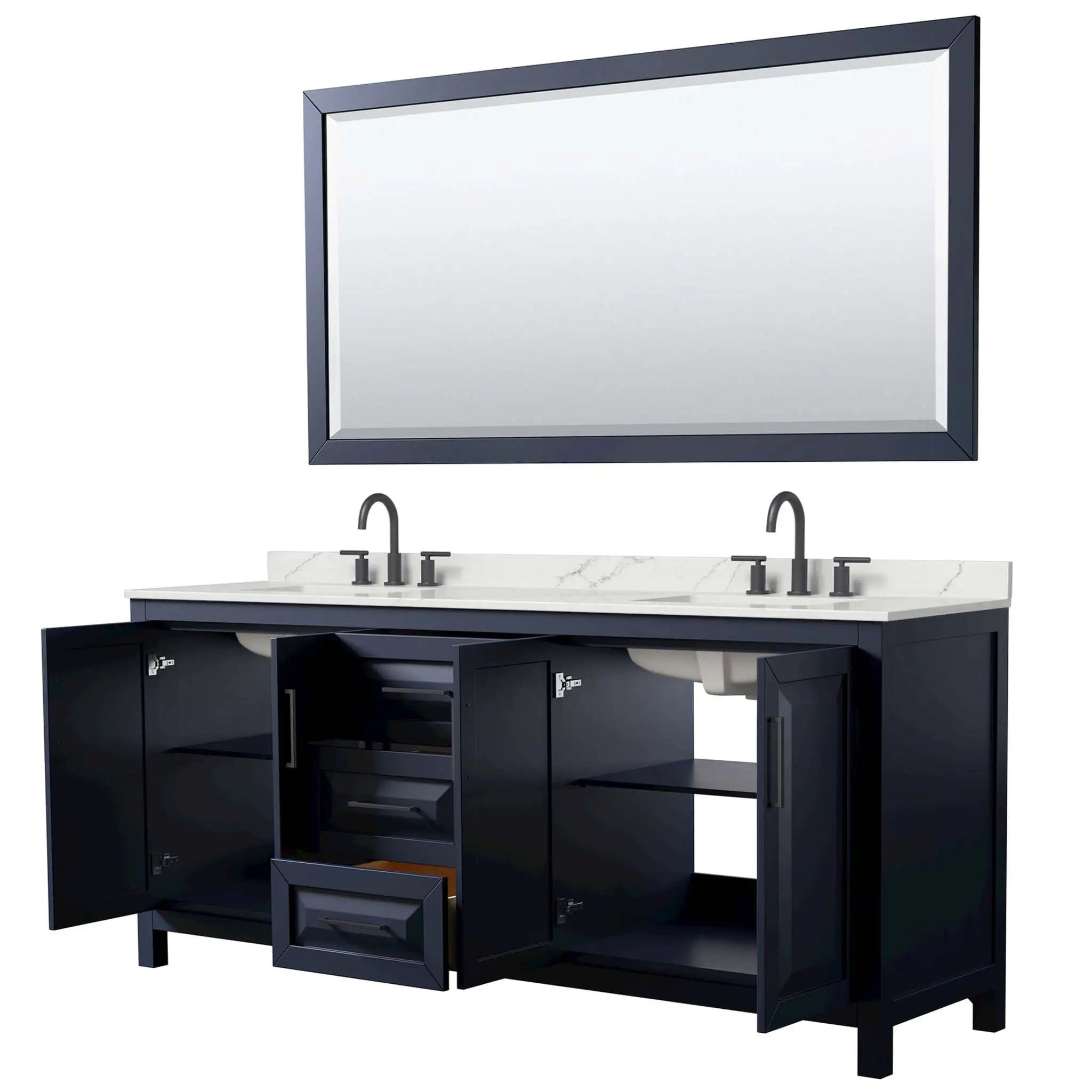80" Daria Double Bathroom Vanity in Dark Blue with Matte Black Trim & 70" Mirror by Wyndham