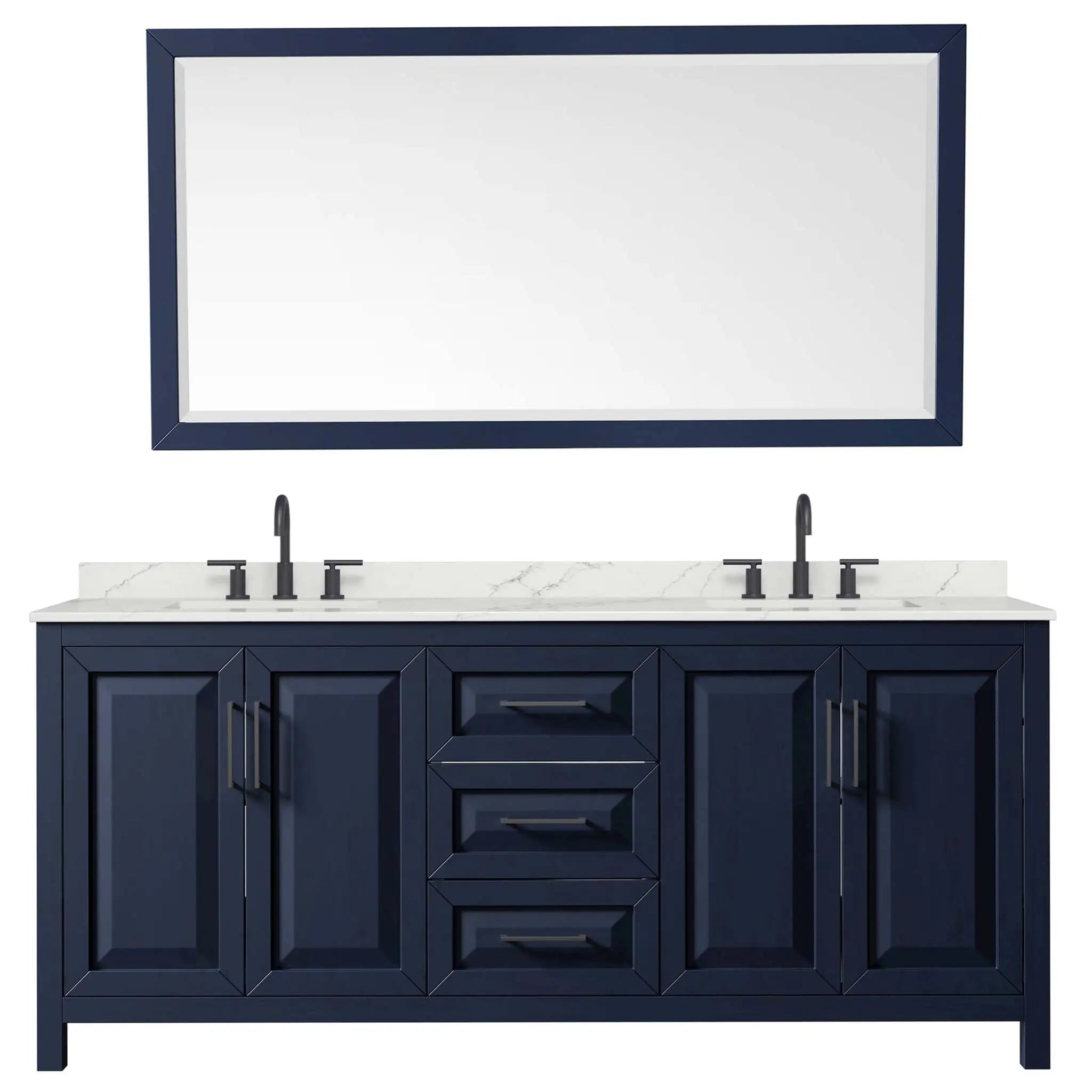 80" Daria Double Bathroom Vanity in Dark Blue with Matte Black Trim & 70" Mirror by Wyndham