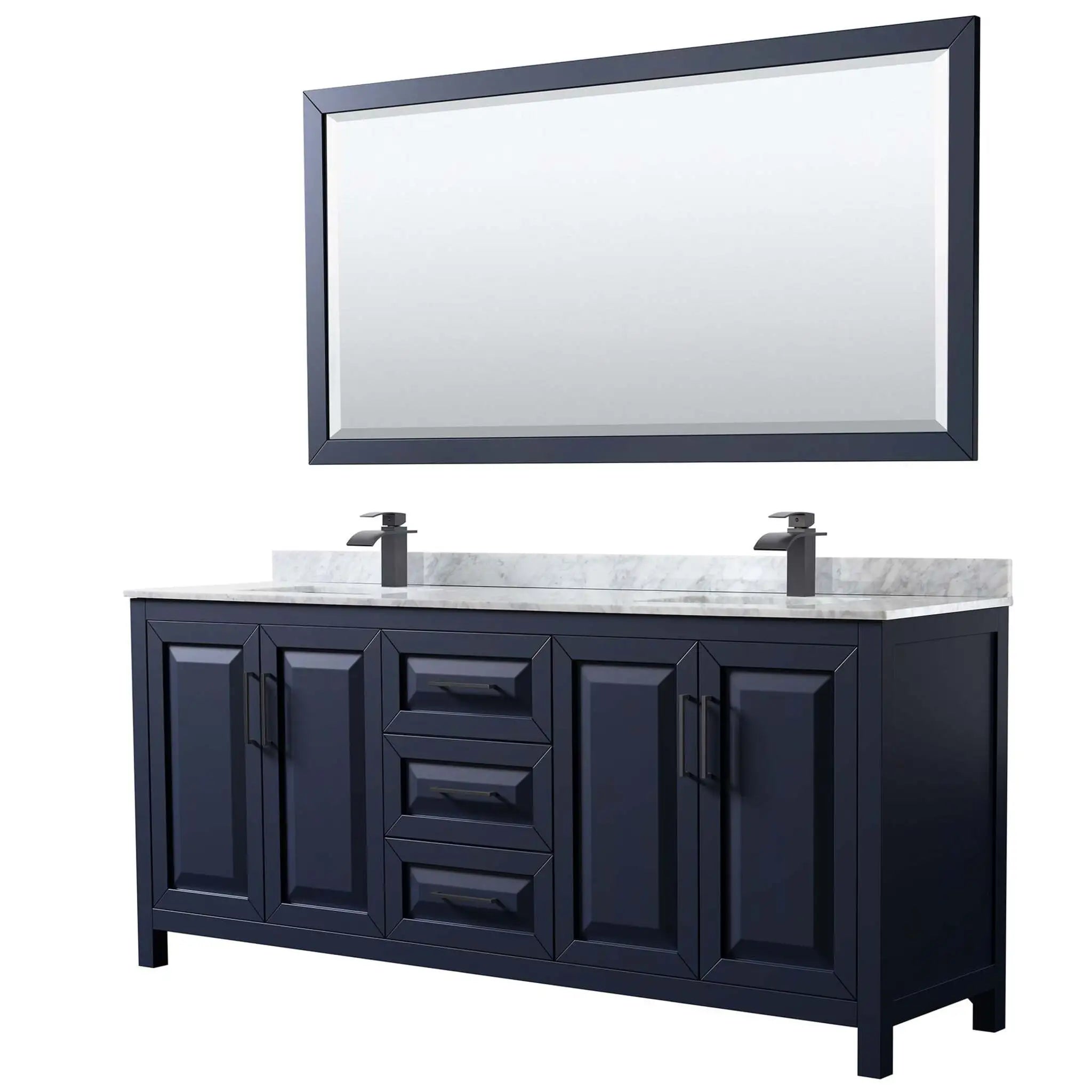 80" Daria Double Bathroom Vanity in Dark Blue with Matte Black Trim & 70" Mirror by Wyndham