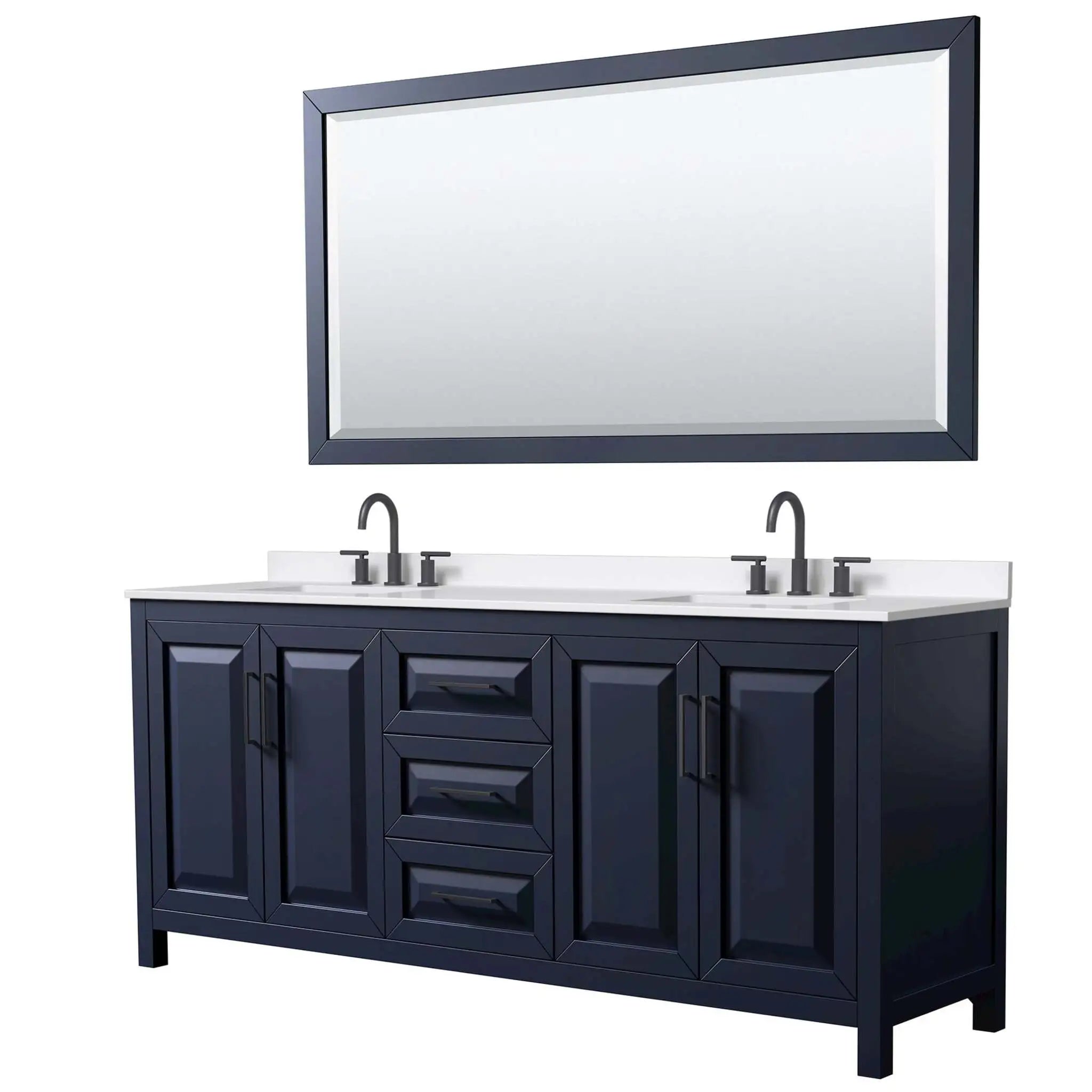80" Daria Double Bathroom Vanity in Dark Blue with Matte Black Trim & 70" Mirror by Wyndham