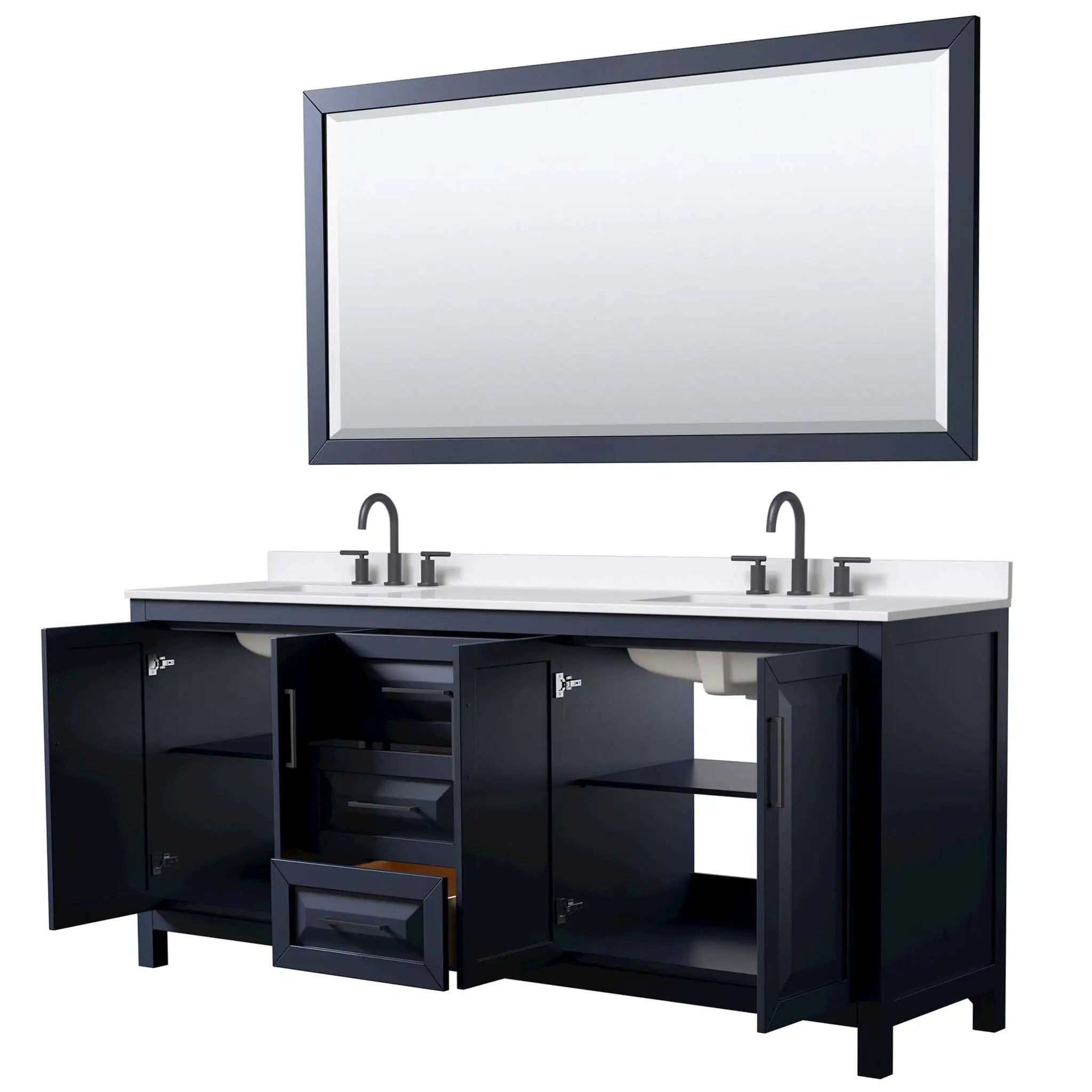 80" Daria Double Bathroom Vanity in Dark Blue with Matte Black Trim & 70" Mirror by Wyndham