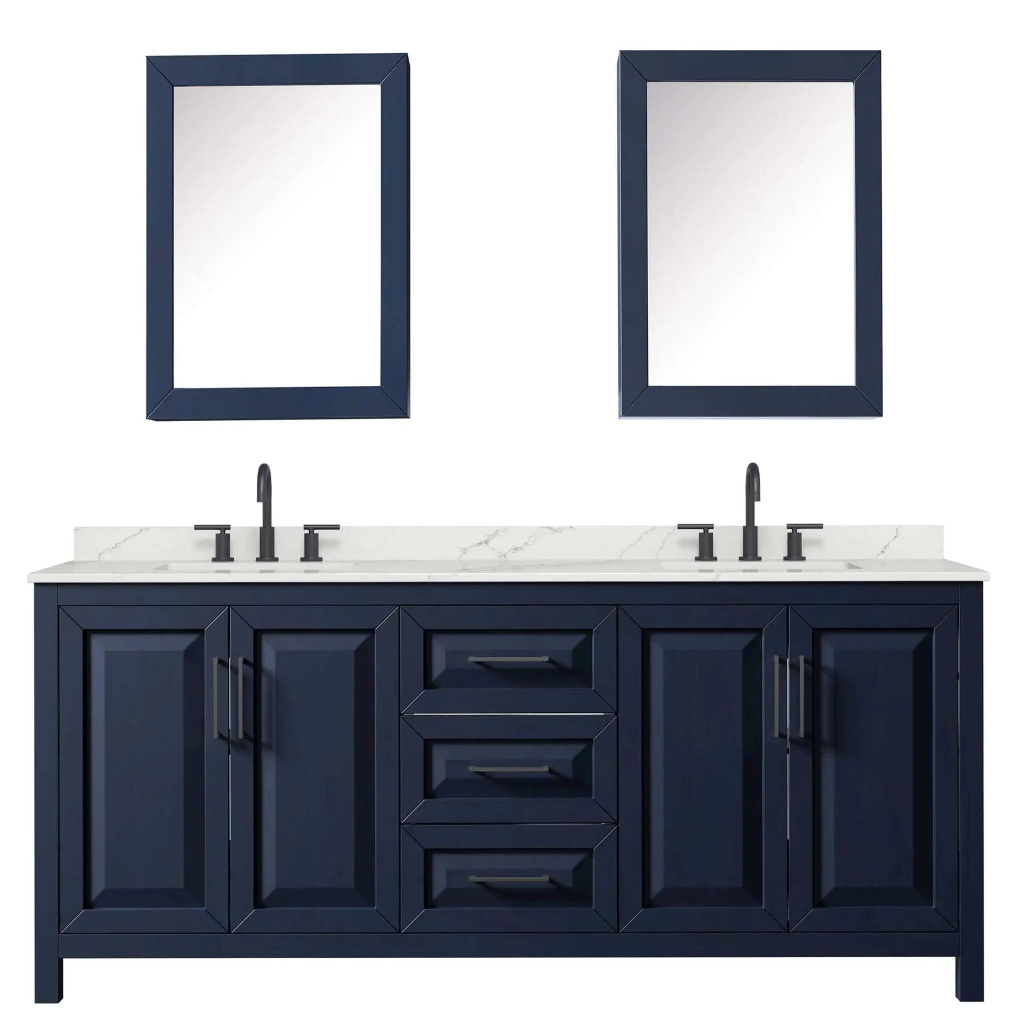 80" Daria Double Bathroom Vanity in Dark Blue with Matte Black Trim & Medicine Cabinet by Wyndham