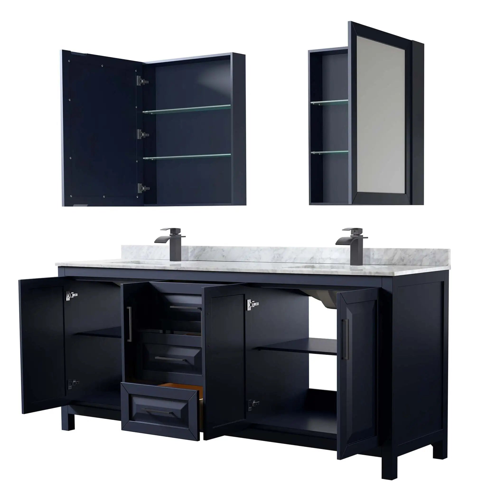 80" Daria Double Bathroom Vanity in Dark Blue with Matte Black Trim & Medicine Cabinet by Wyndham
