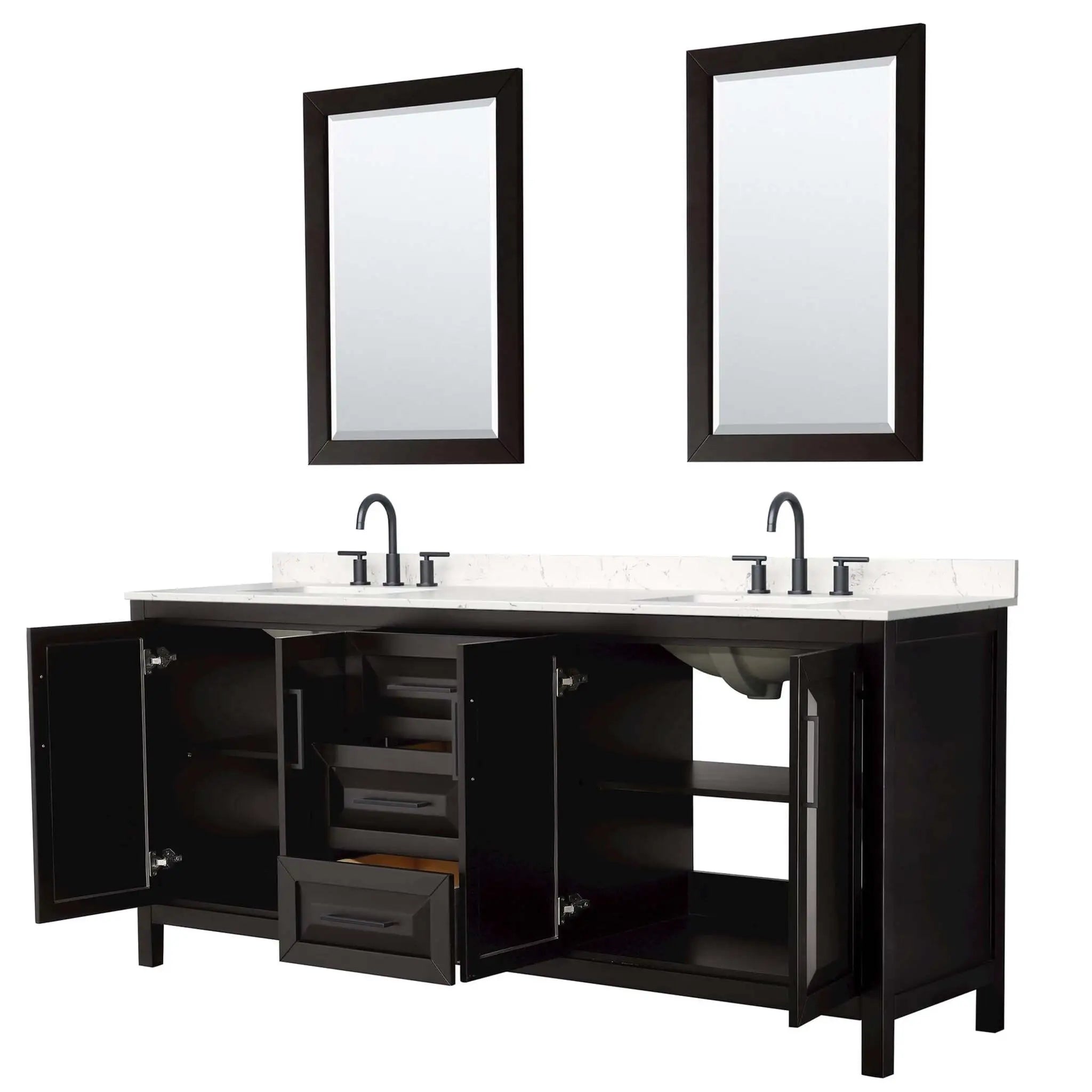 80" Daria Double Bathroom Vanity in Dark Espresso with Matte Black Trim & 24" Mirror by Wyndham