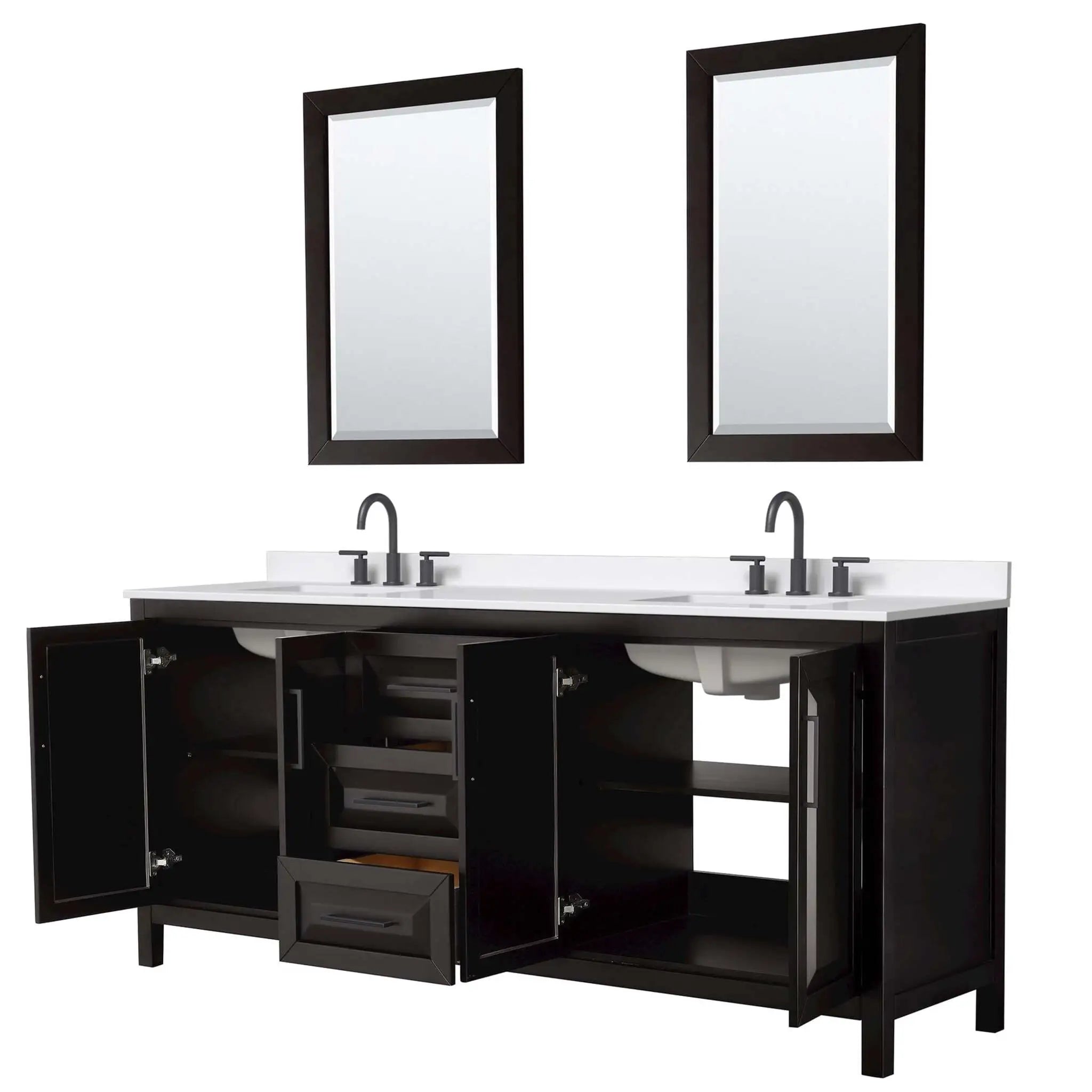 80" Daria Double Bathroom Vanity in Dark Espresso with Matte Black Trim & 24" Mirror by Wyndham
