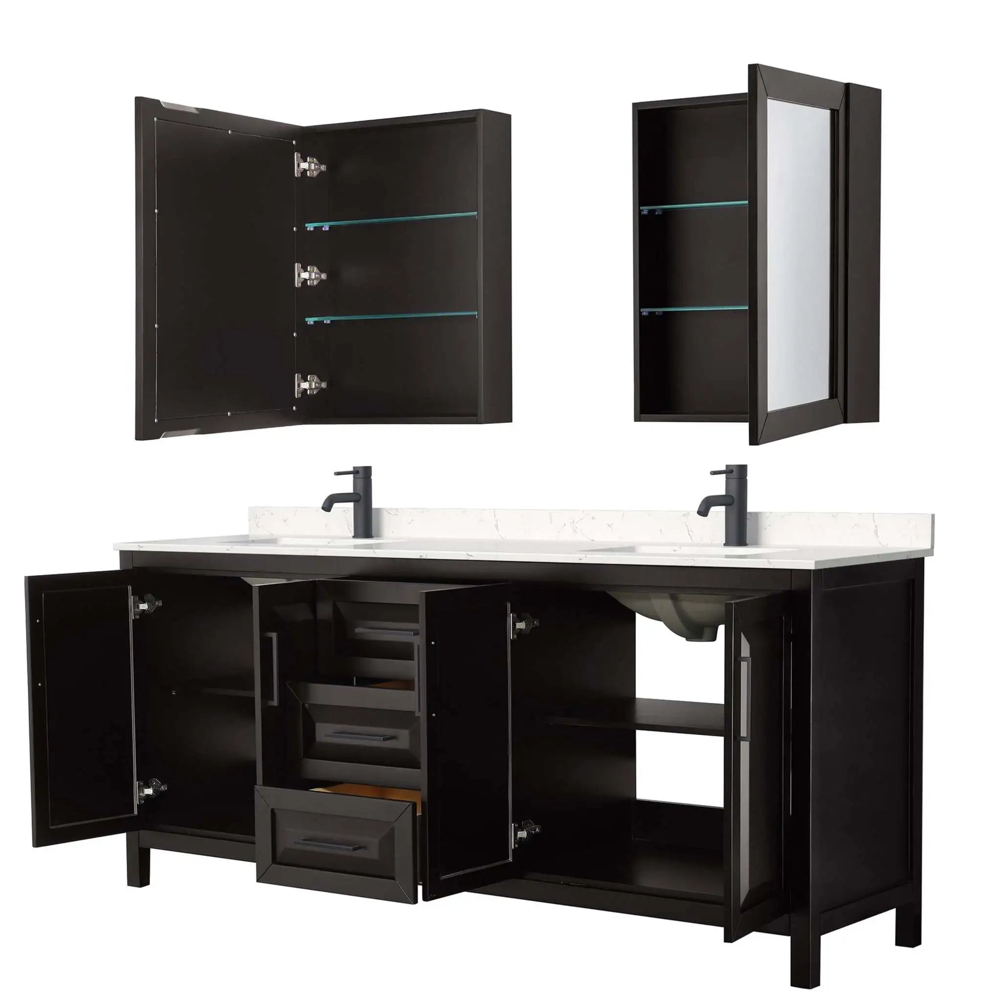 80" Daria Double Bathroom Vanity in Dark Espresso with Matte Black Trim & Medicine Cabinet by Wyndham