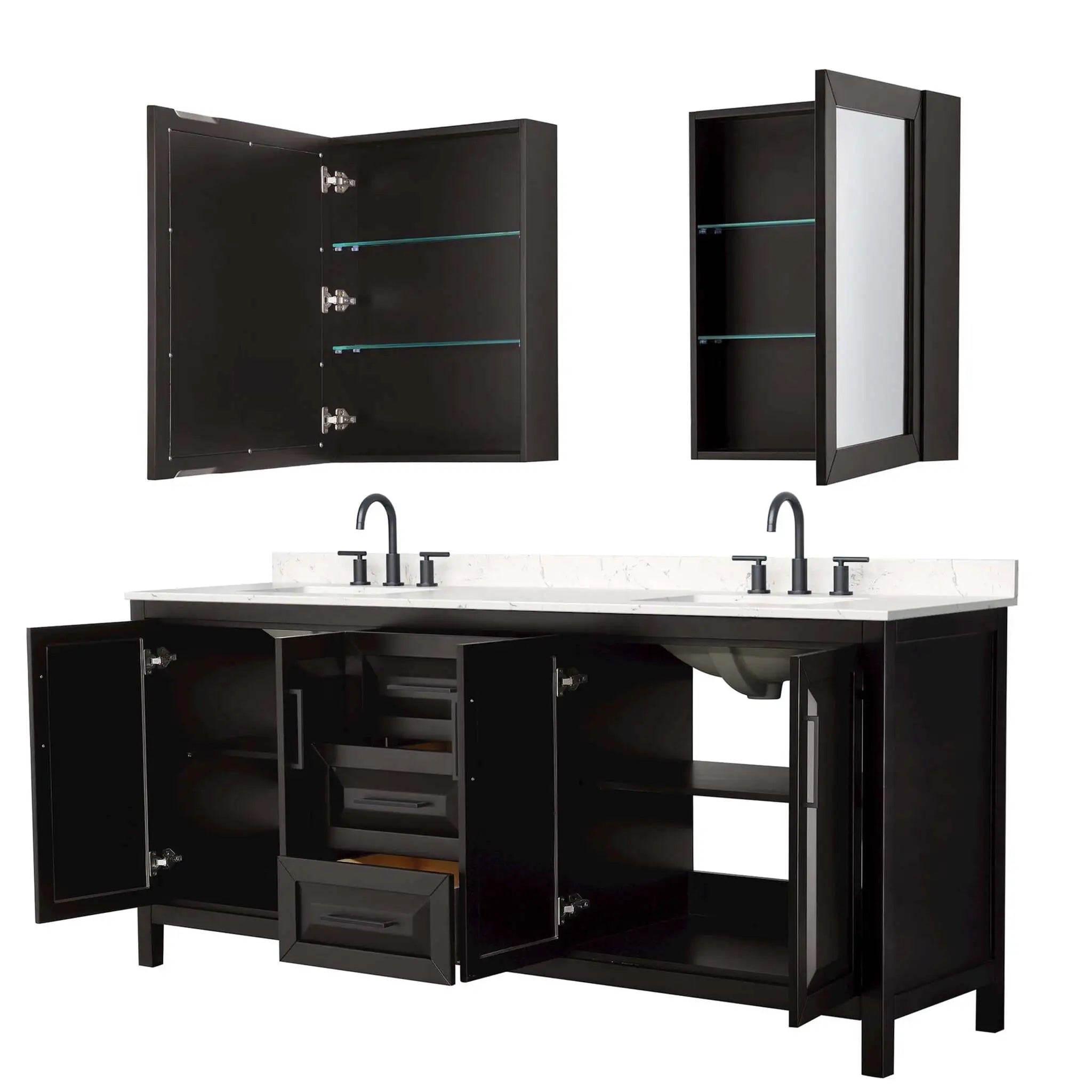80" Daria Double Bathroom Vanity in Dark Espresso with Matte Black Trim & Medicine Cabinet by Wyndham