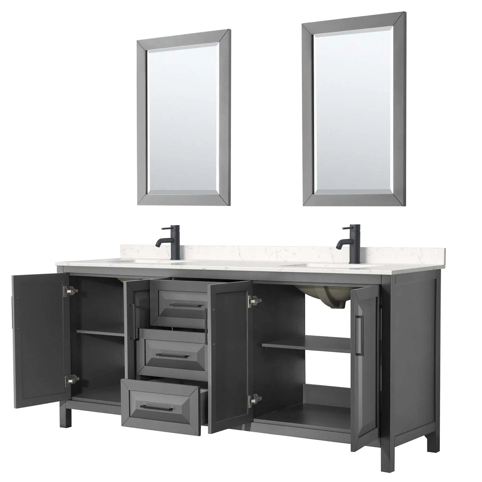 80" Daria Double Bathroom Vanity in Dark Gray with Matte Black Trim & 24" Mirror by Wyndham