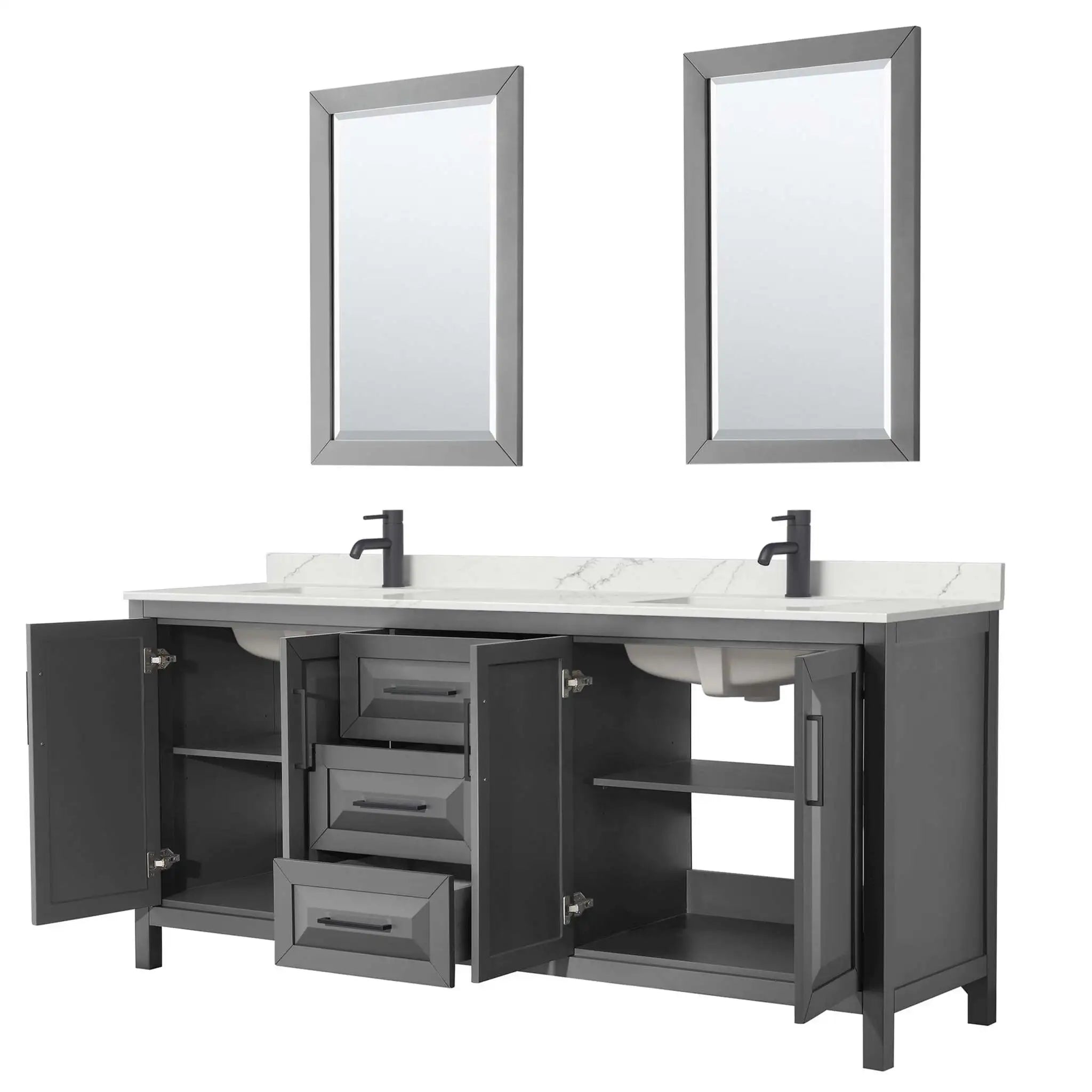 80" Daria Double Bathroom Vanity in Dark Gray with Matte Black Trim & 24" Mirror by Wyndham
