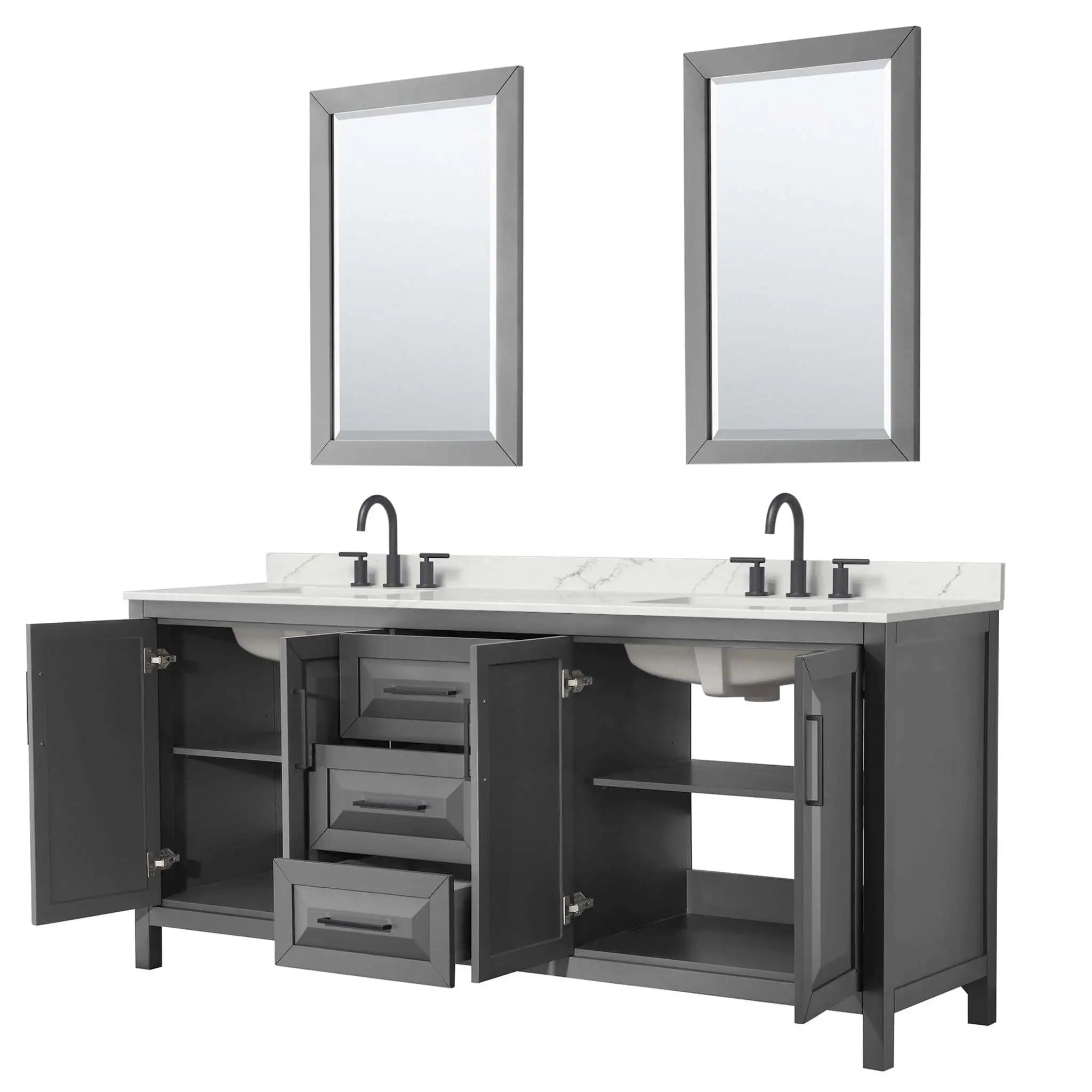 80" Daria Double Bathroom Vanity in Dark Gray with Matte Black Trim & 24" Mirror by Wyndham