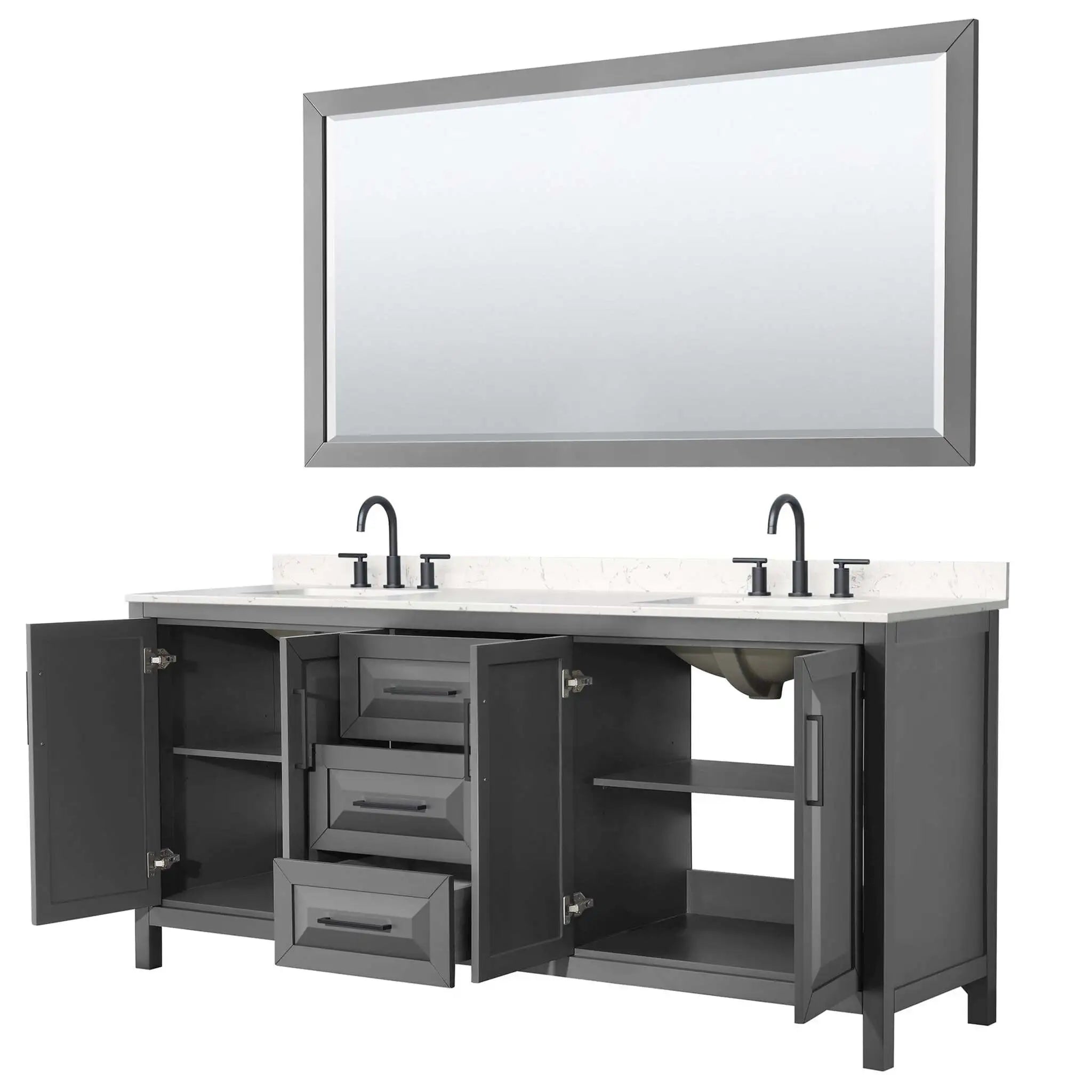 80" Daria Double Bathroom Vanity in Dark Gray with Matte Black Trim & 70" Mirror by Wyndham