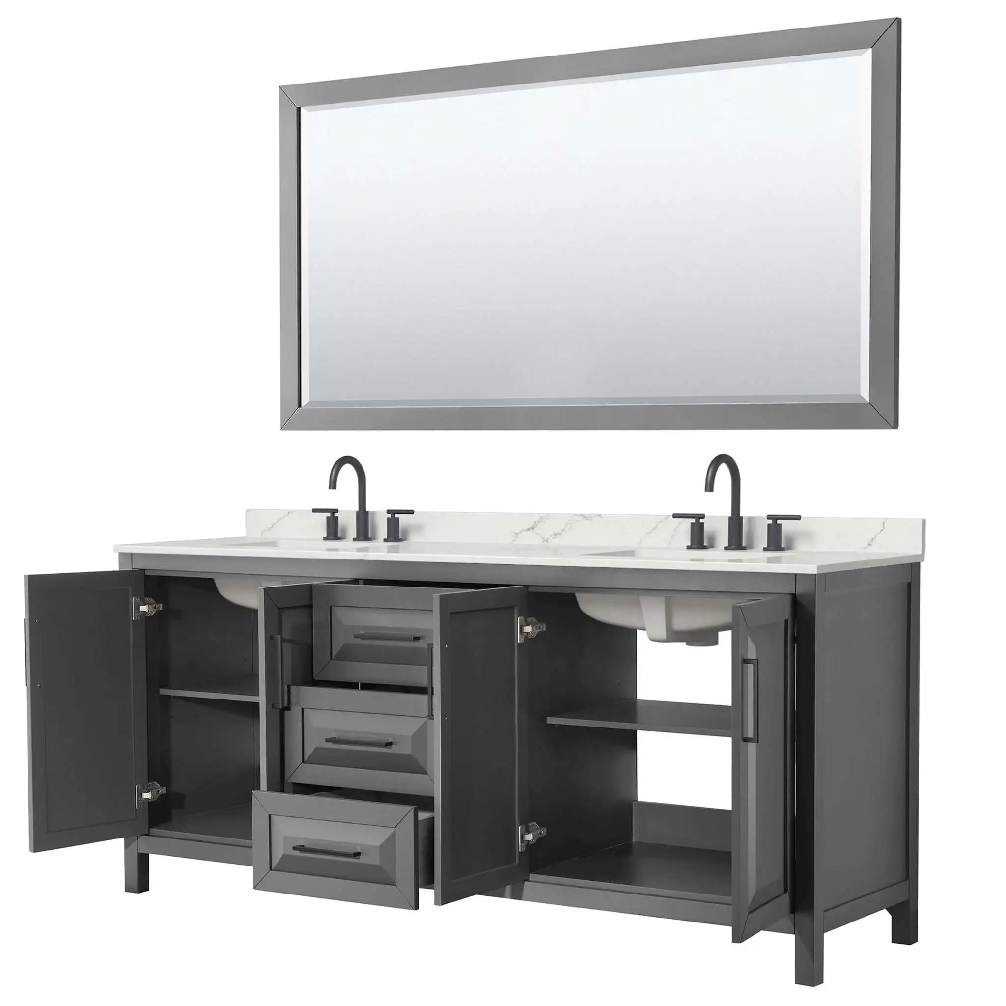 80" Daria Double Bathroom Vanity in Dark Gray with Matte Black Trim & 70" Mirror by Wyndham