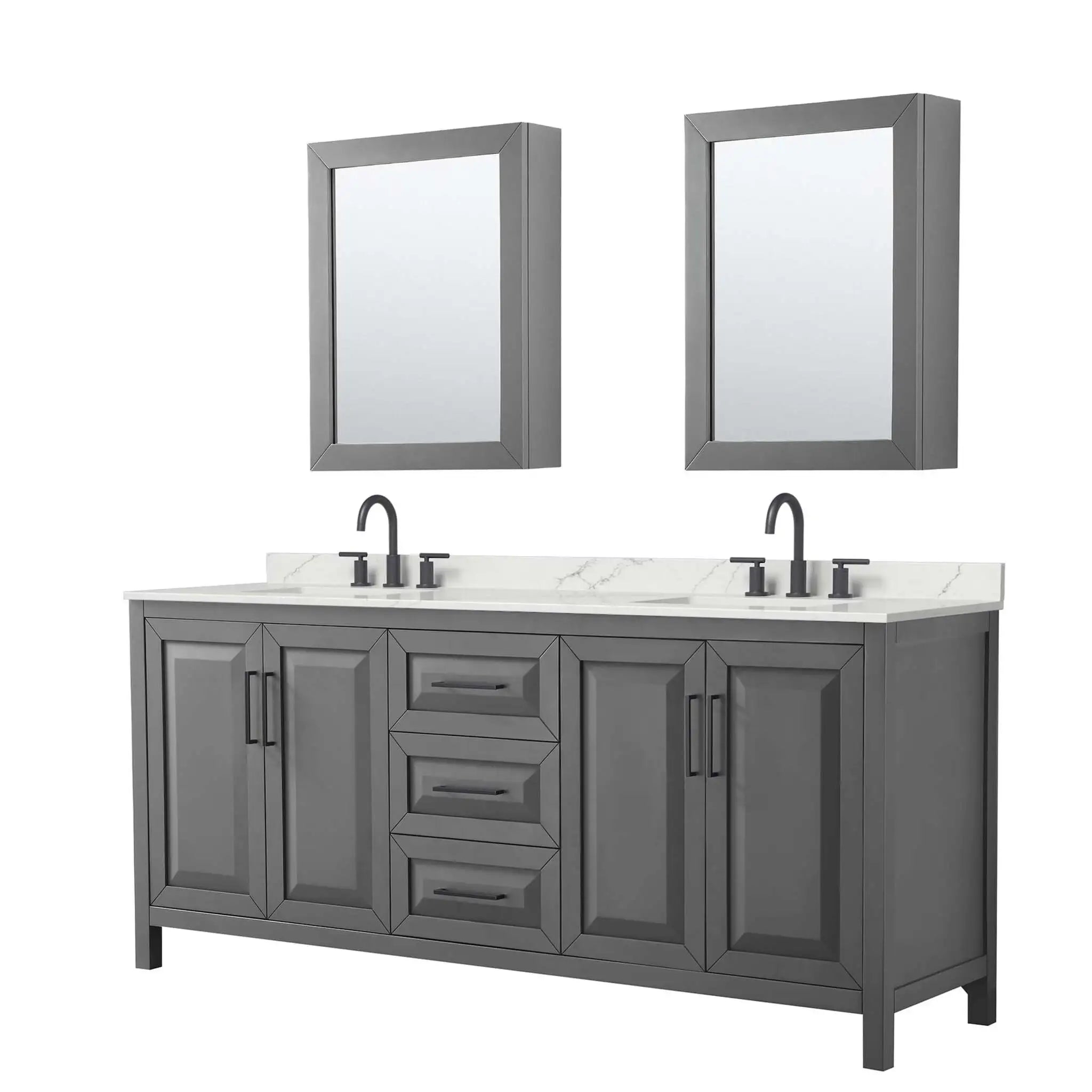 80" Daria Double Bathroom Vanity in Dark Gray with Matte Black Trim & Medicine Cabinet by Wyndham