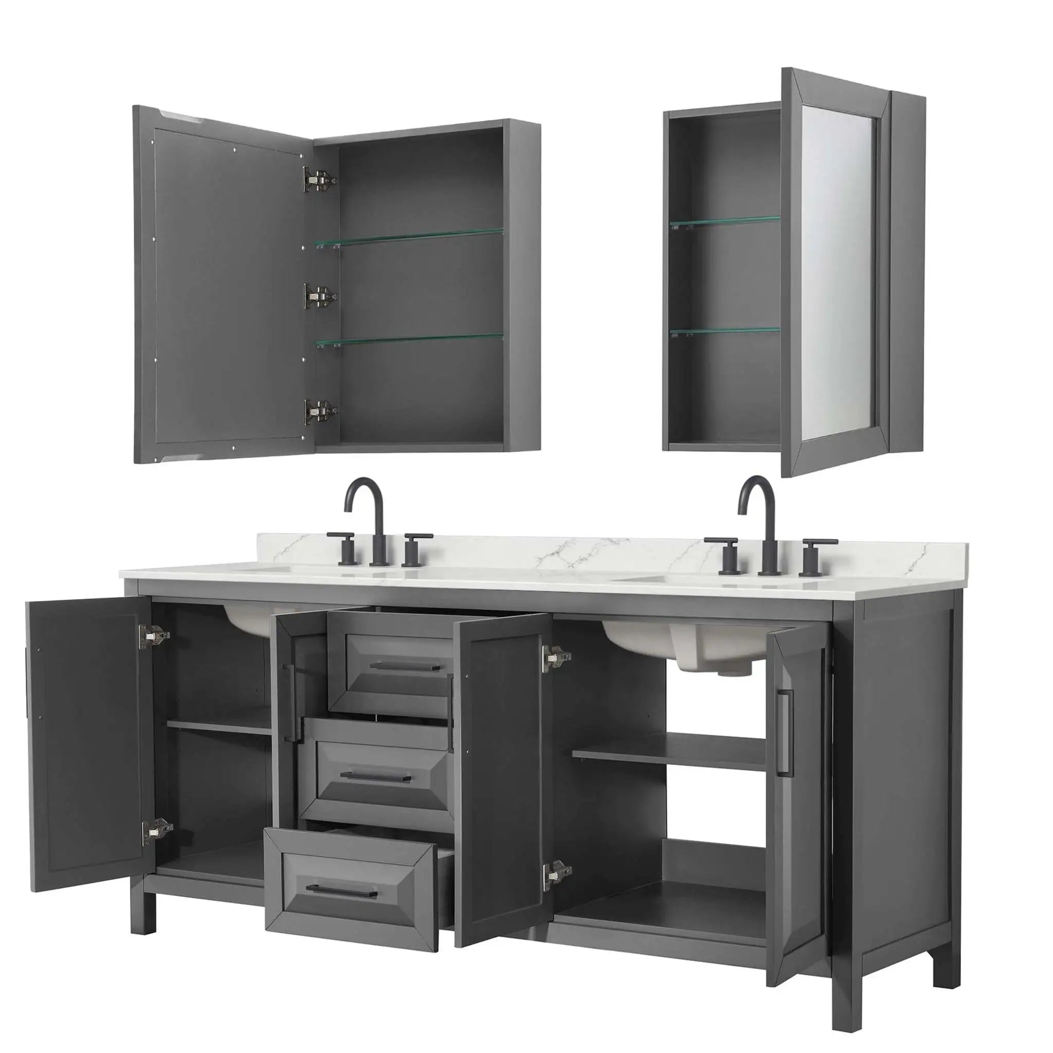 80" Daria Double Bathroom Vanity in Dark Gray with Matte Black Trim & Medicine Cabinet by Wyndham