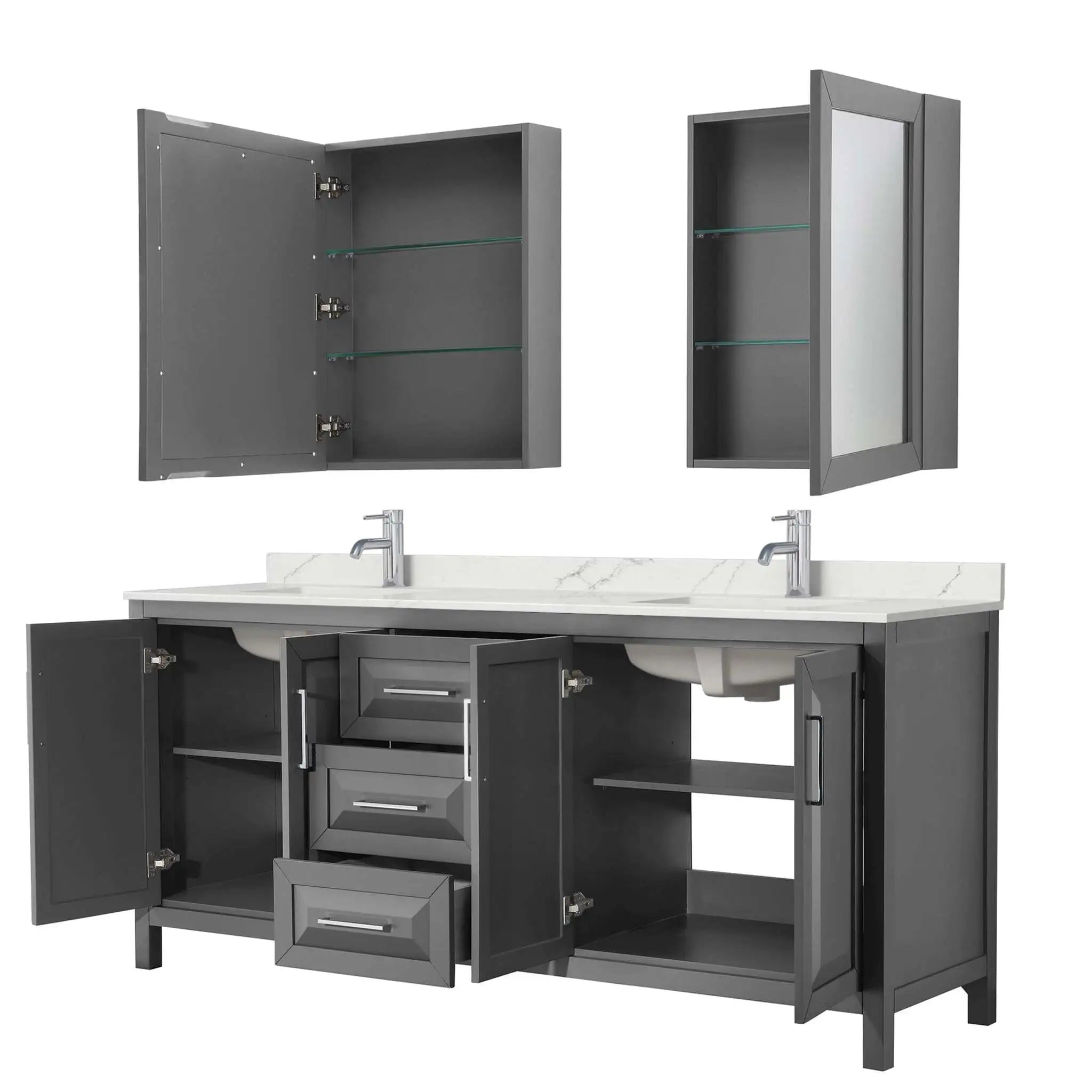 80" Daria Double Bathroom Vanity in Dark Gray with Polished Chrome Trim & Medicine Cabinet by Wyndham