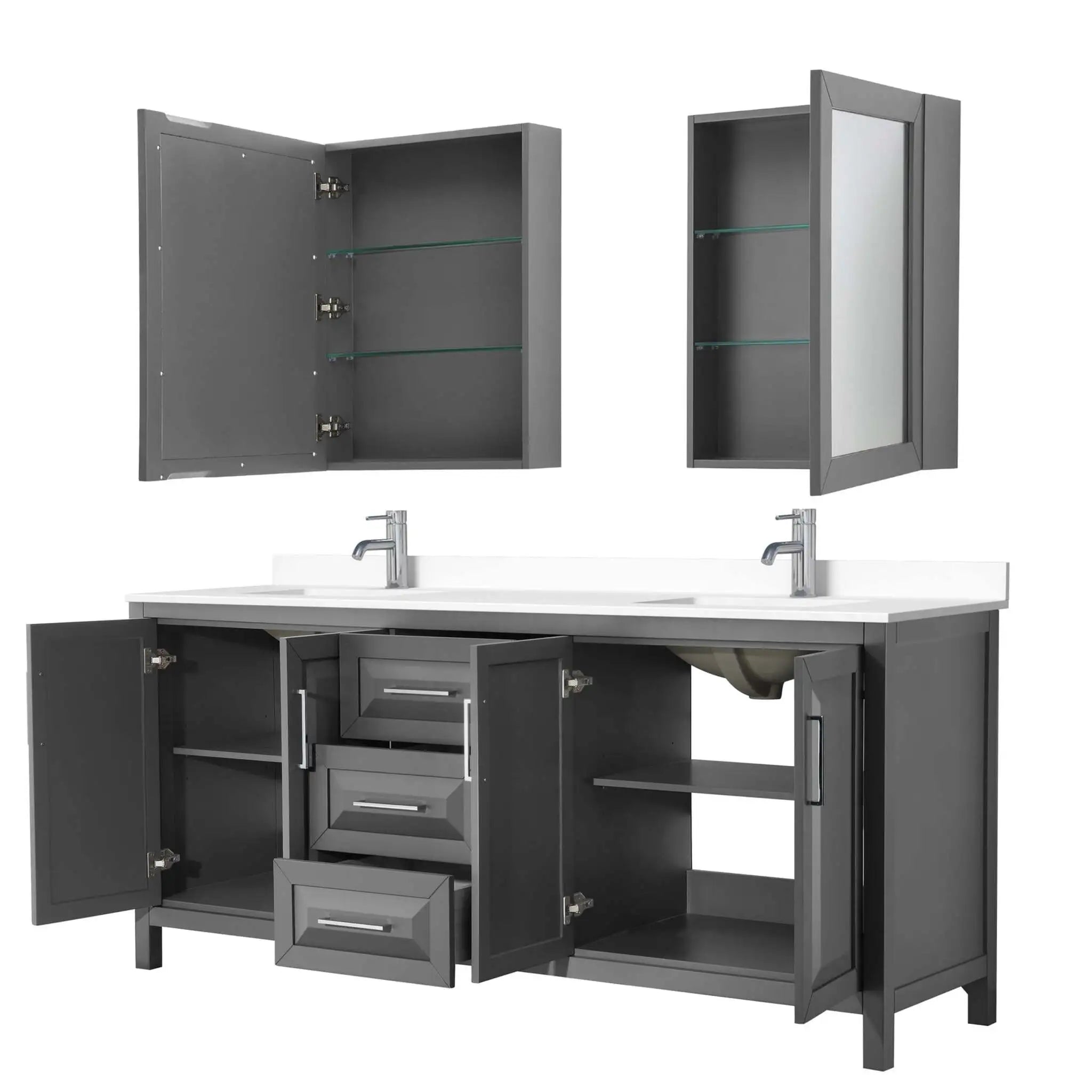 80" Daria Double Bathroom Vanity in Dark Gray with Polished Chrome Trim & Medicine Cabinet by Wyndham