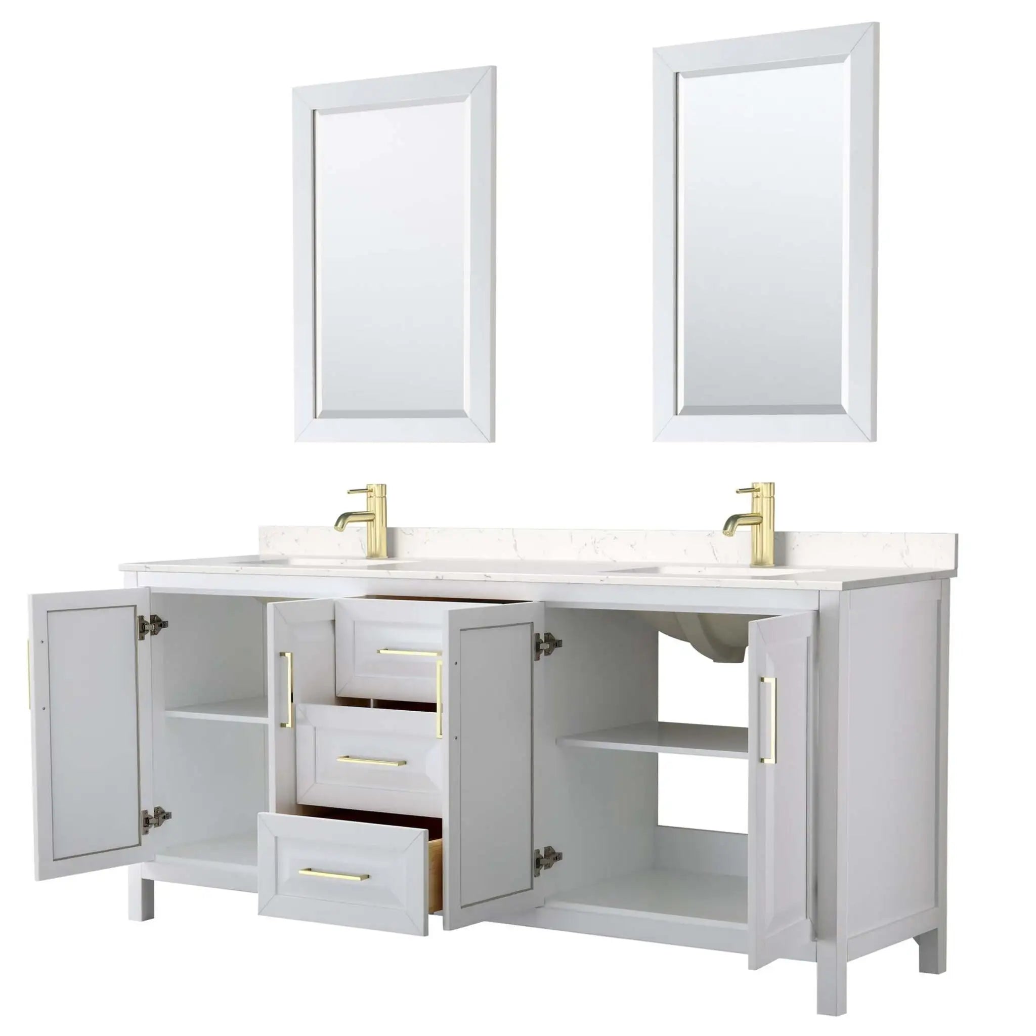 80" Daria Double Bathroom Vanity in White with Brushed Gold Trim & 24" Mirror by Wyndham