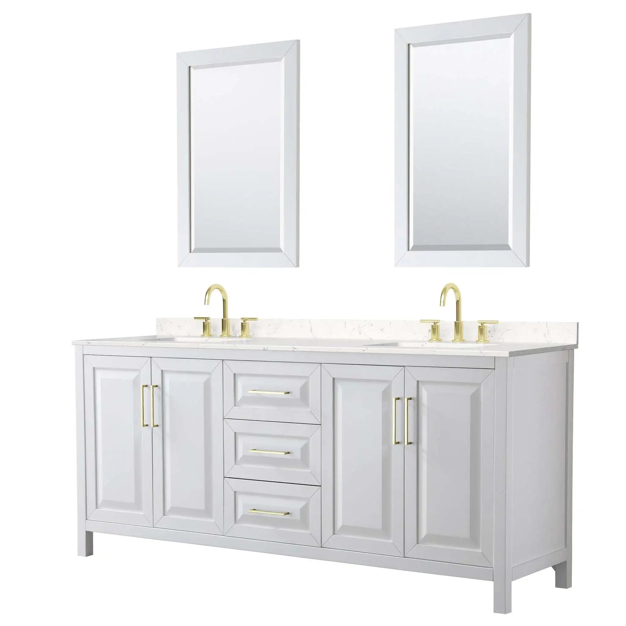 80" Daria Double Bathroom Vanity in White with Brushed Gold Trim & 24" Mirror by Wyndham