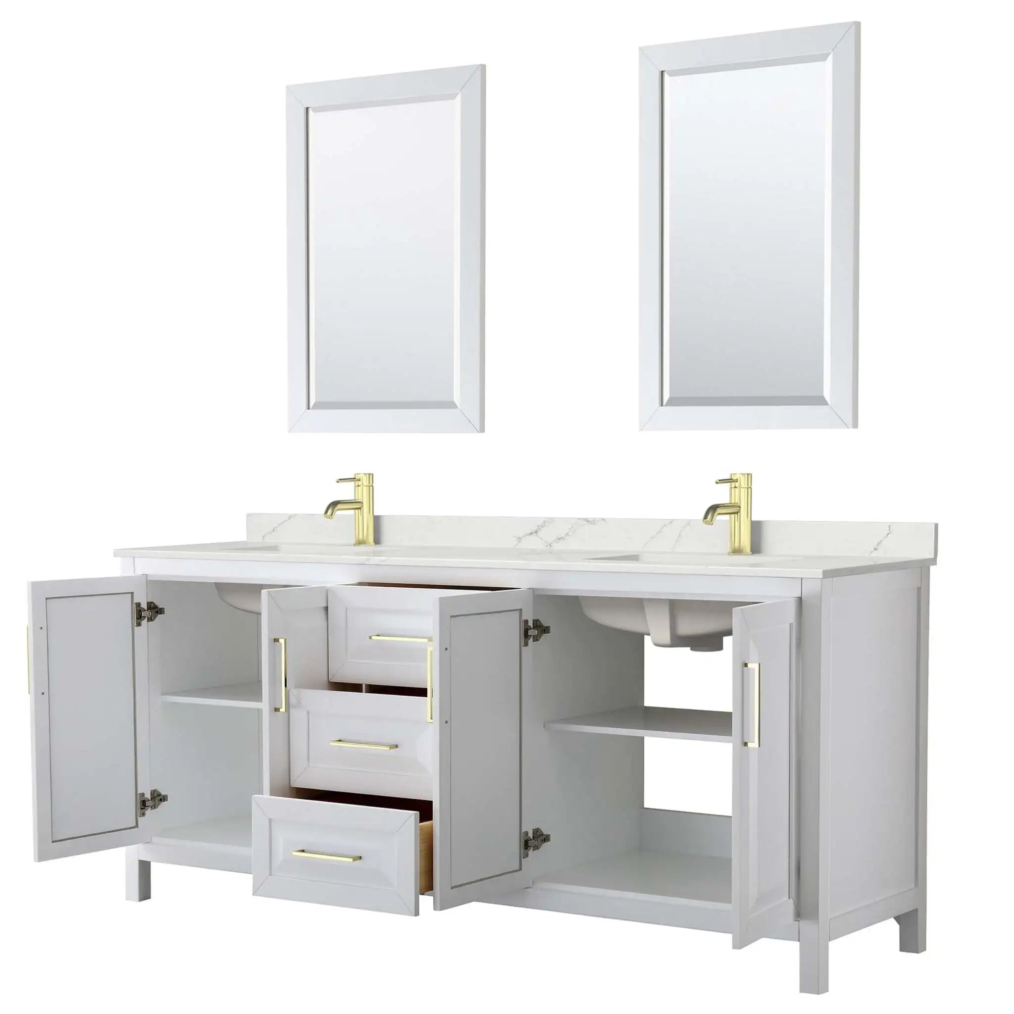 80" Daria Double Bathroom Vanity in White with Brushed Gold Trim & 24" Mirror by Wyndham