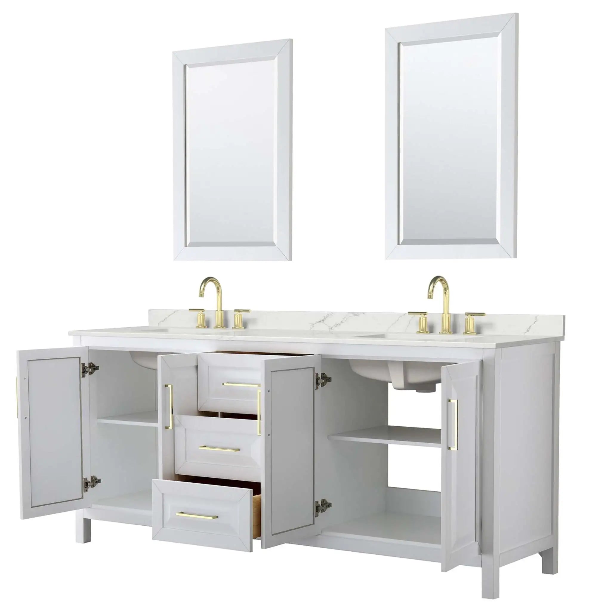 80" Daria Double Bathroom Vanity in White with Brushed Gold Trim & 24" Mirror by Wyndham