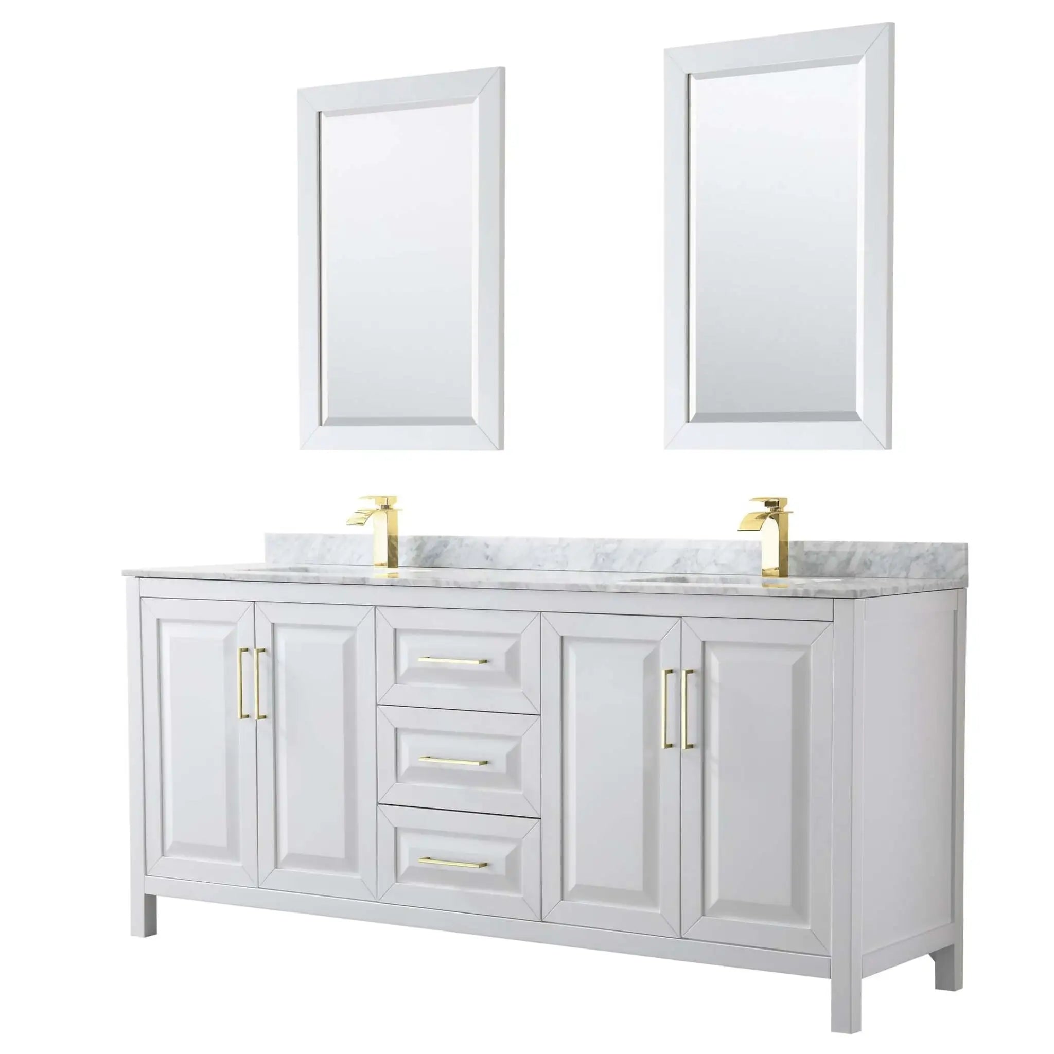 80" Daria Double Bathroom Vanity in White with Brushed Gold Trim & 24" Mirror by Wyndham