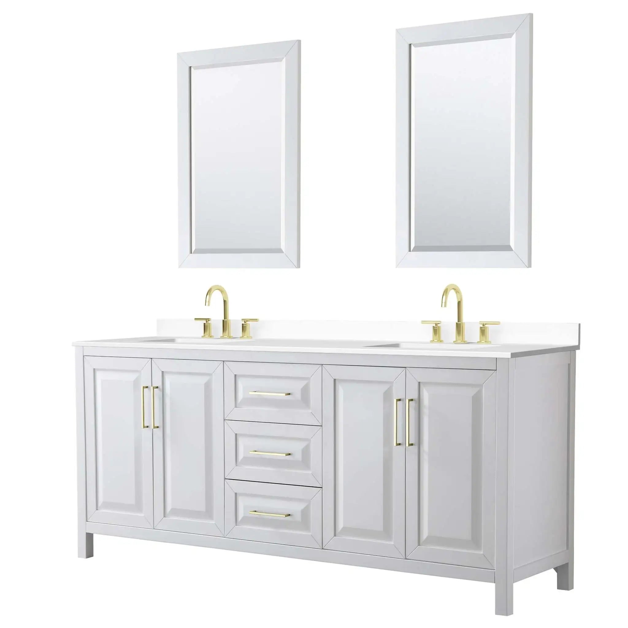 80" Daria Double Bathroom Vanity in White with Brushed Gold Trim & 24" Mirror by Wyndham