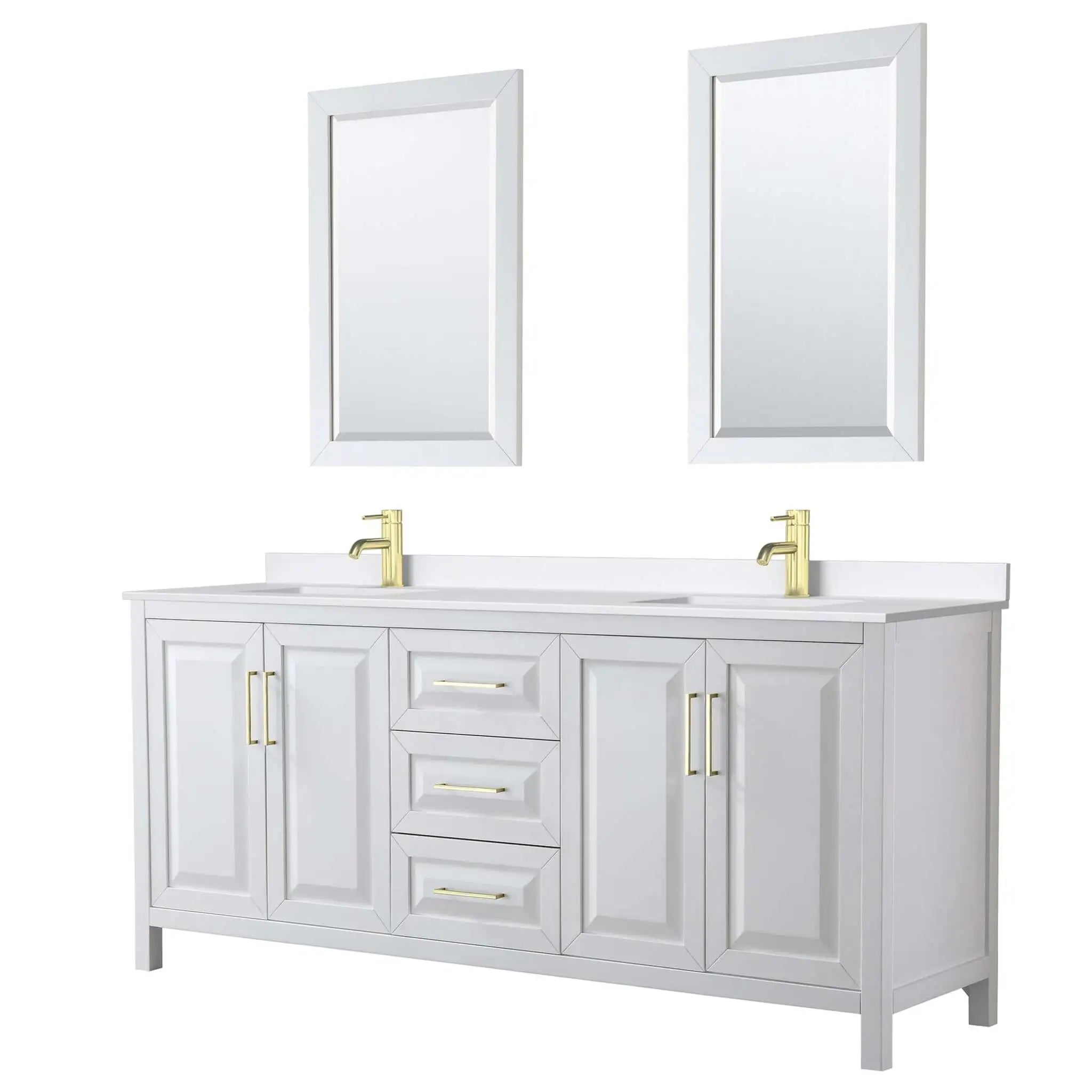 80" Daria Double Bathroom Vanity in White with Brushed Gold Trim & 24" Mirror by Wyndham