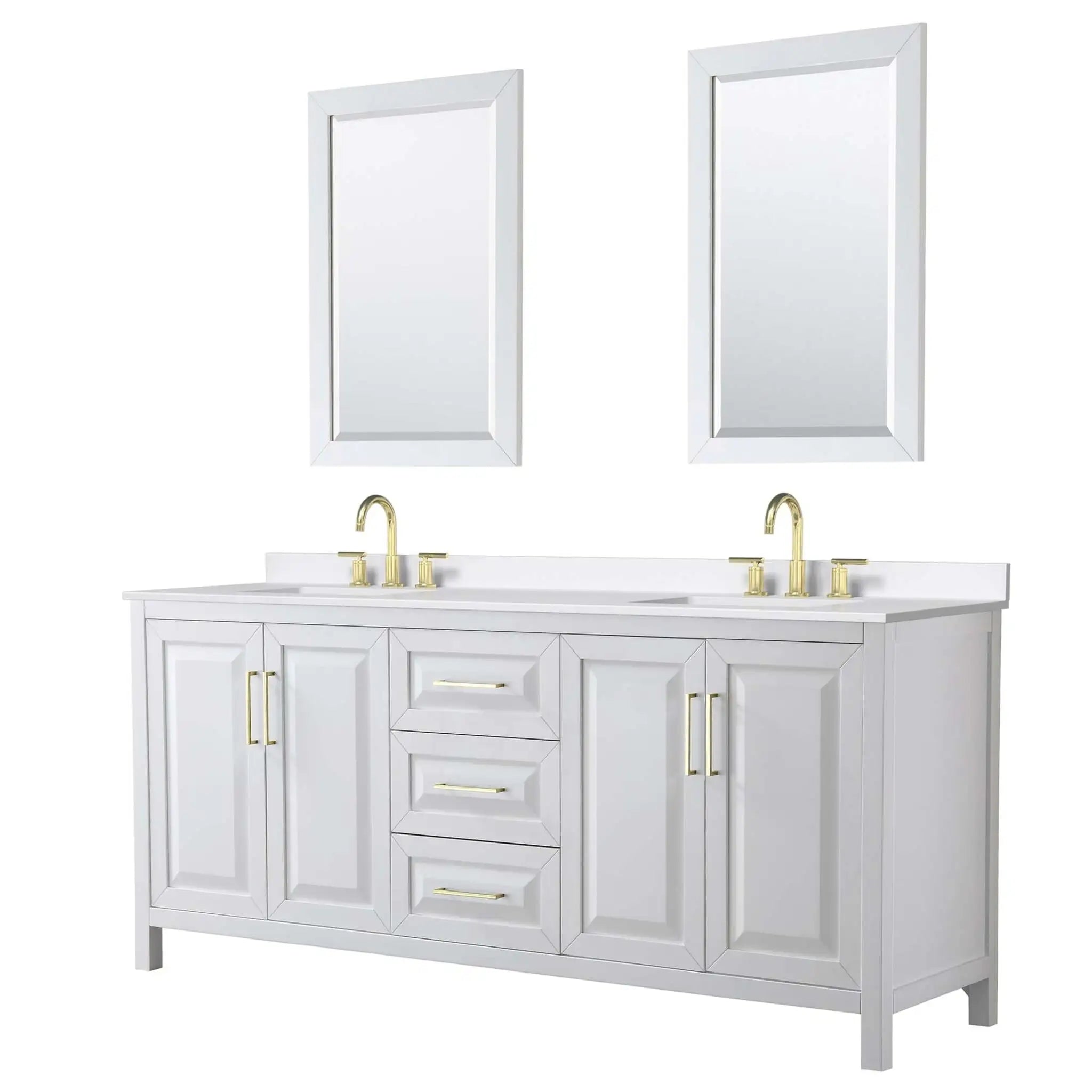 80" Daria Double Bathroom Vanity in White with Brushed Gold Trim & 24" Mirror by Wyndham