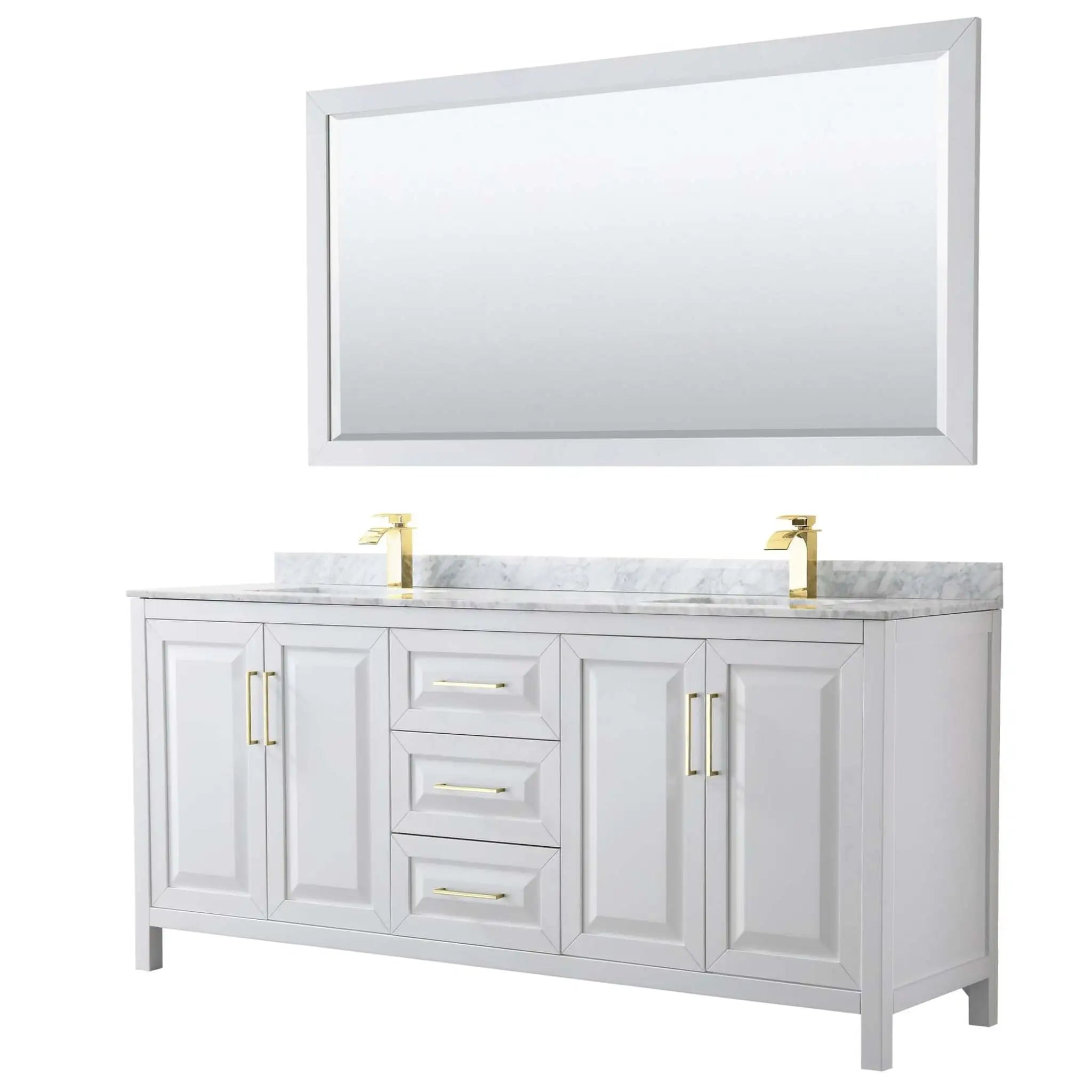 80" Daria Double Bathroom Vanity in White with Brushed Gold Trim & 70" Mirror by Wyndham