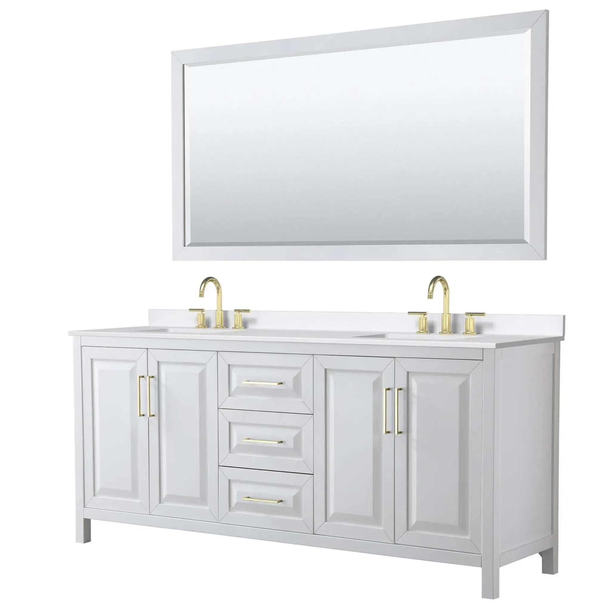 80" Daria Double Bathroom Vanity in White with Brushed Gold Trim & 70" Mirror by Wyndham