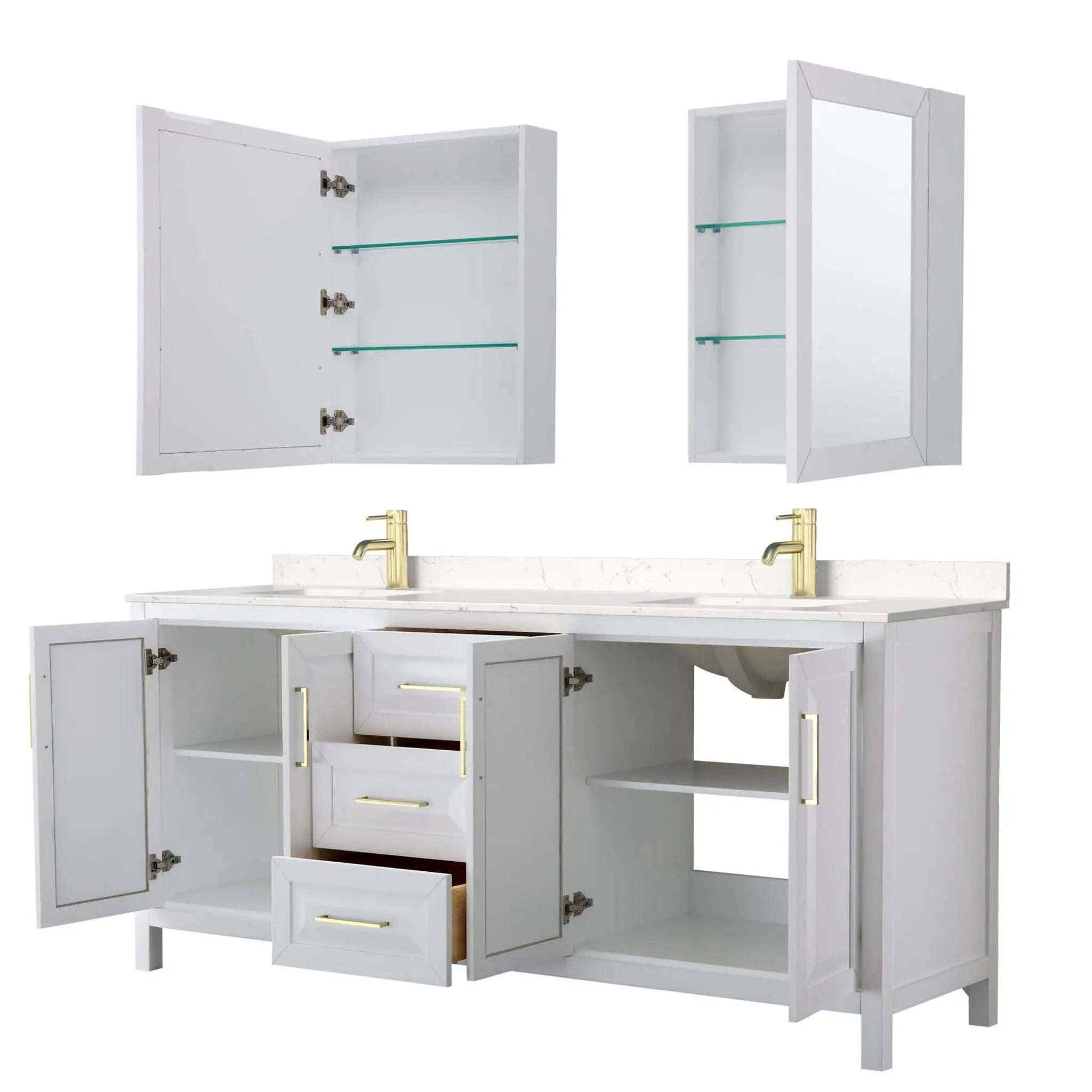 80" Daria Double Bathroom Vanity in White with Brushed Gold Trim & Medicine Cabinet by Wyndham