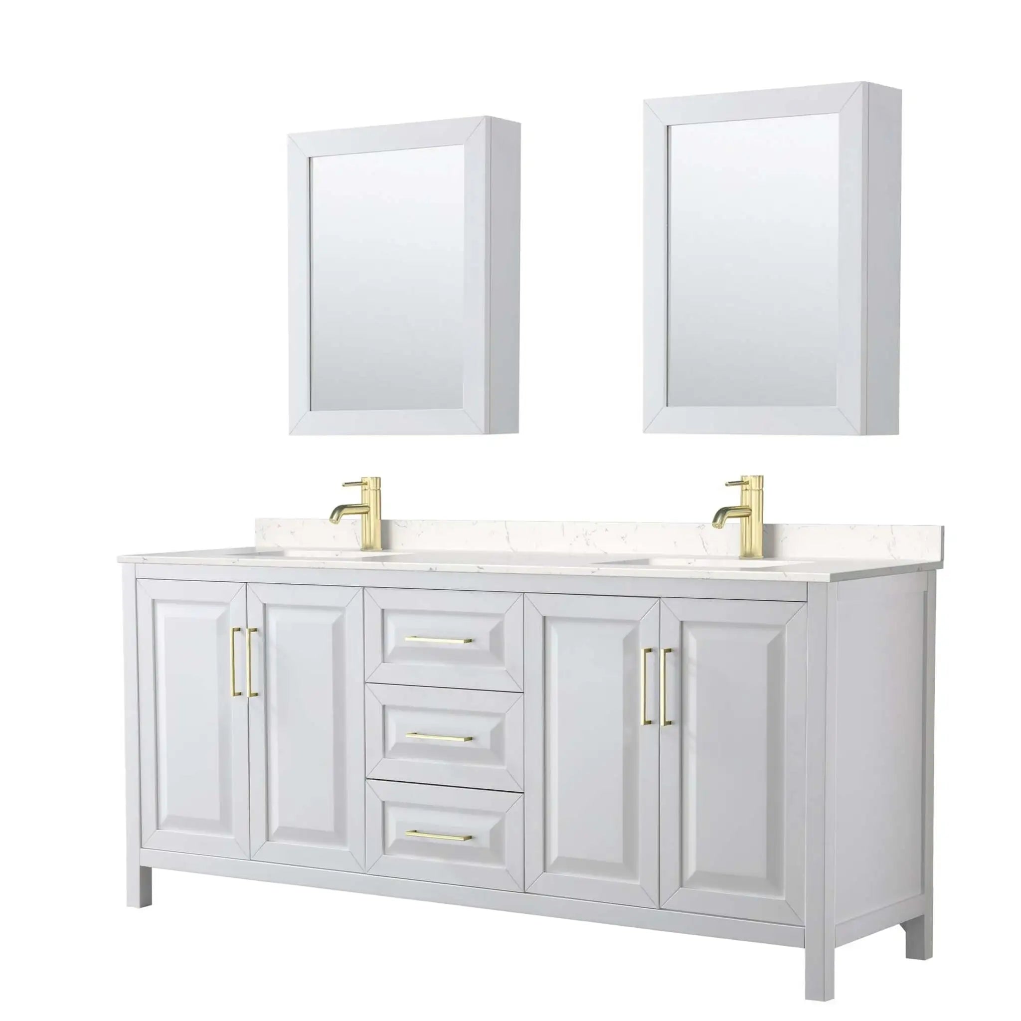 80" Daria Double Bathroom Vanity in White with Brushed Gold Trim & Medicine Cabinet by Wyndham