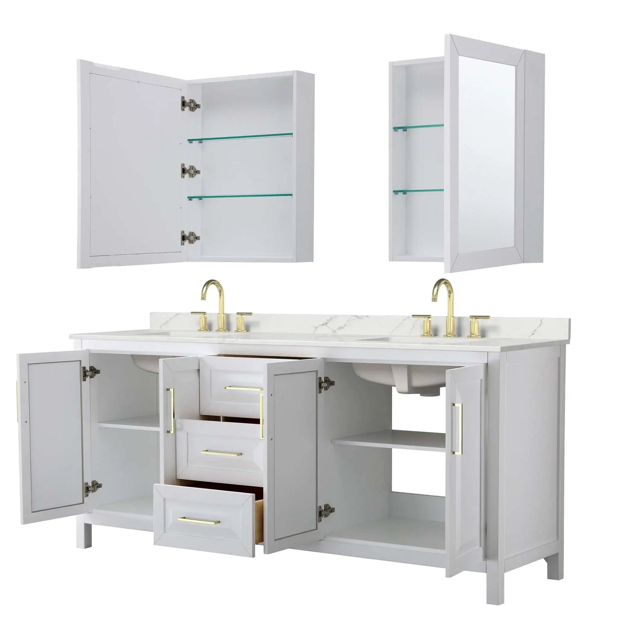 80" Daria Double Bathroom Vanity in White with Brushed Gold Trim & Medicine Cabinet by Wyndham