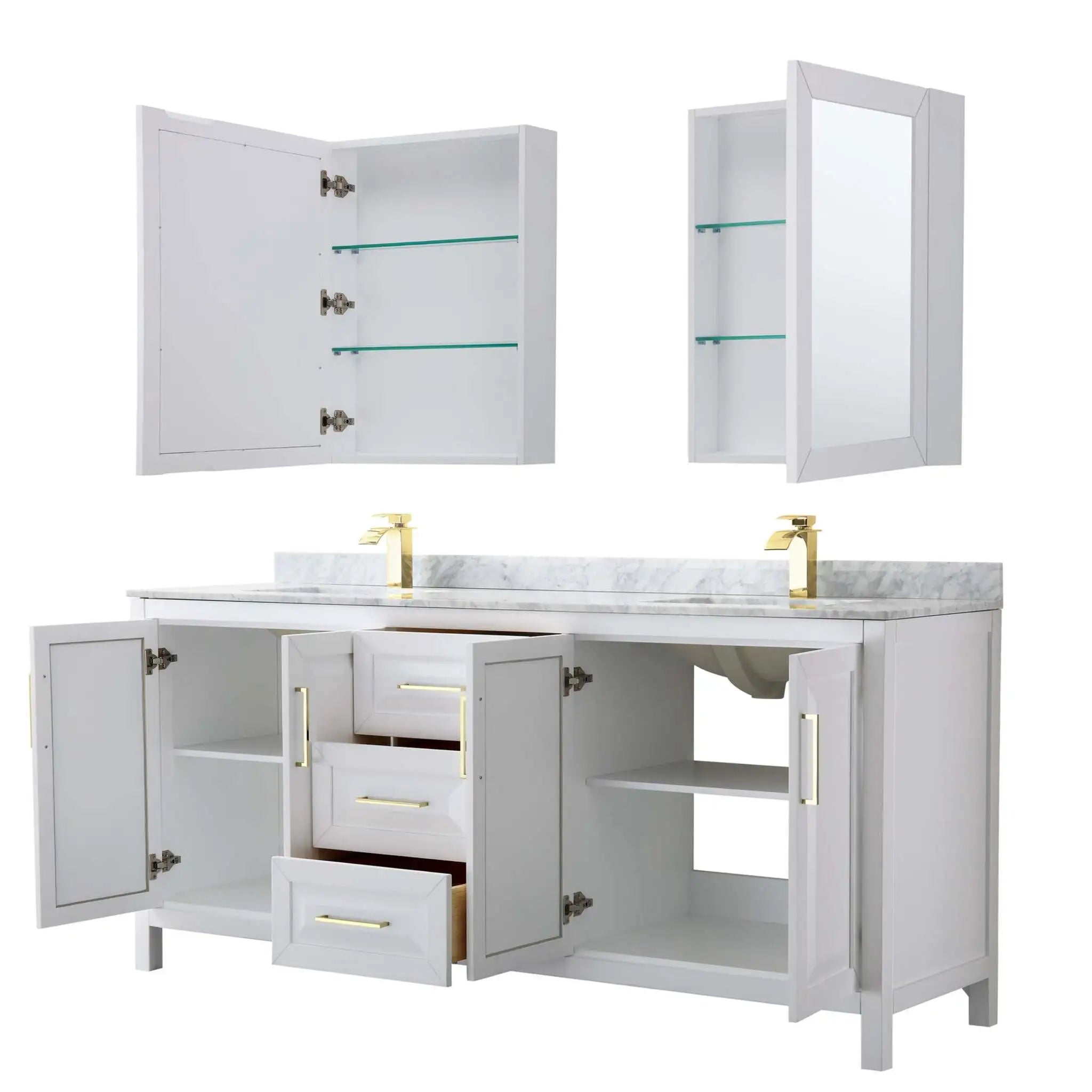 80" Daria Double Bathroom Vanity in White with Brushed Gold Trim & Medicine Cabinet by Wyndham