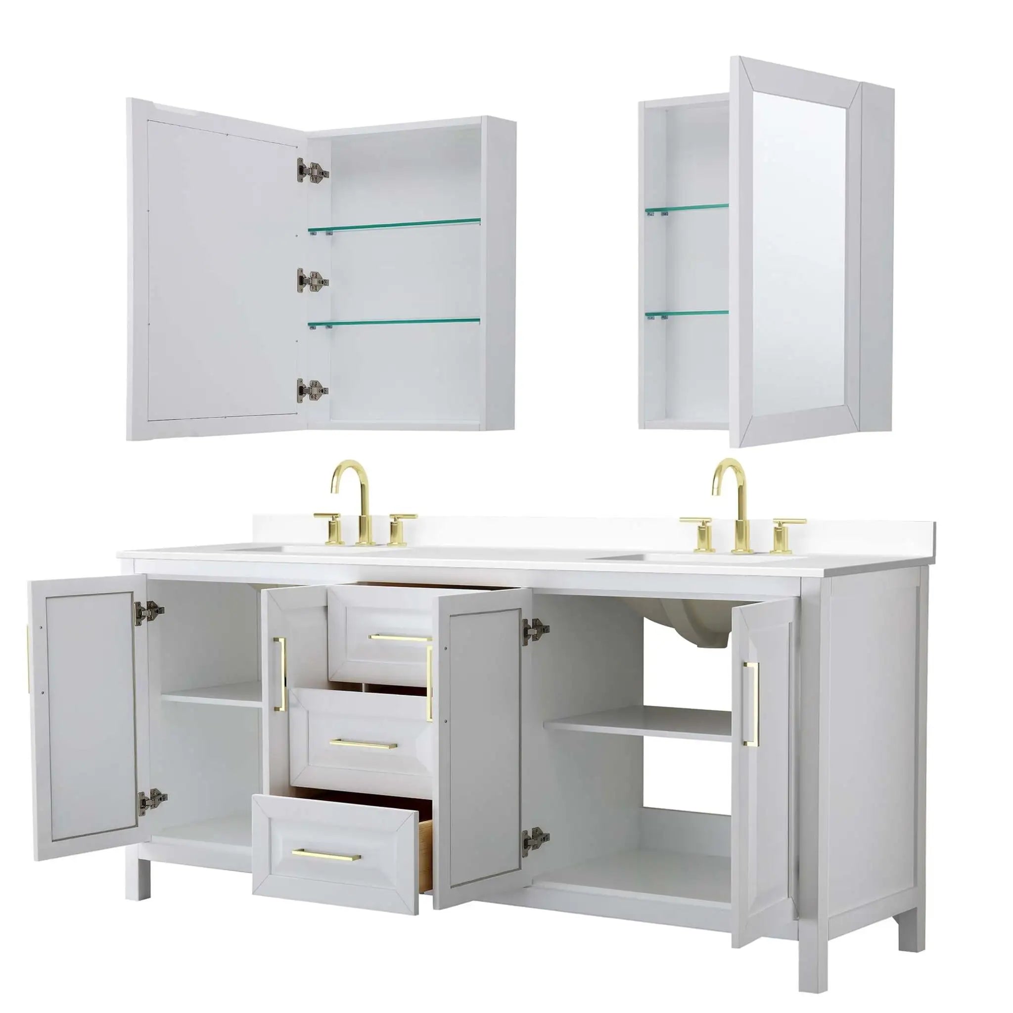 80" Daria Double Bathroom Vanity in White with Brushed Gold Trim & Medicine Cabinet by Wyndham