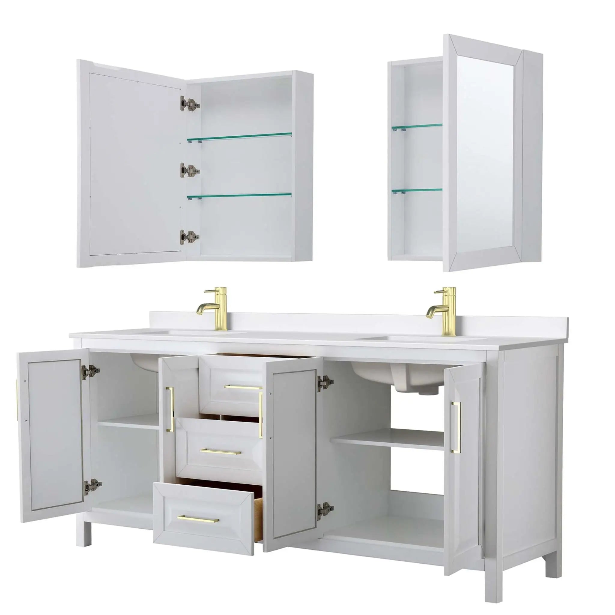80" Daria Double Bathroom Vanity in White with Brushed Gold Trim & Medicine Cabinet by Wyndham