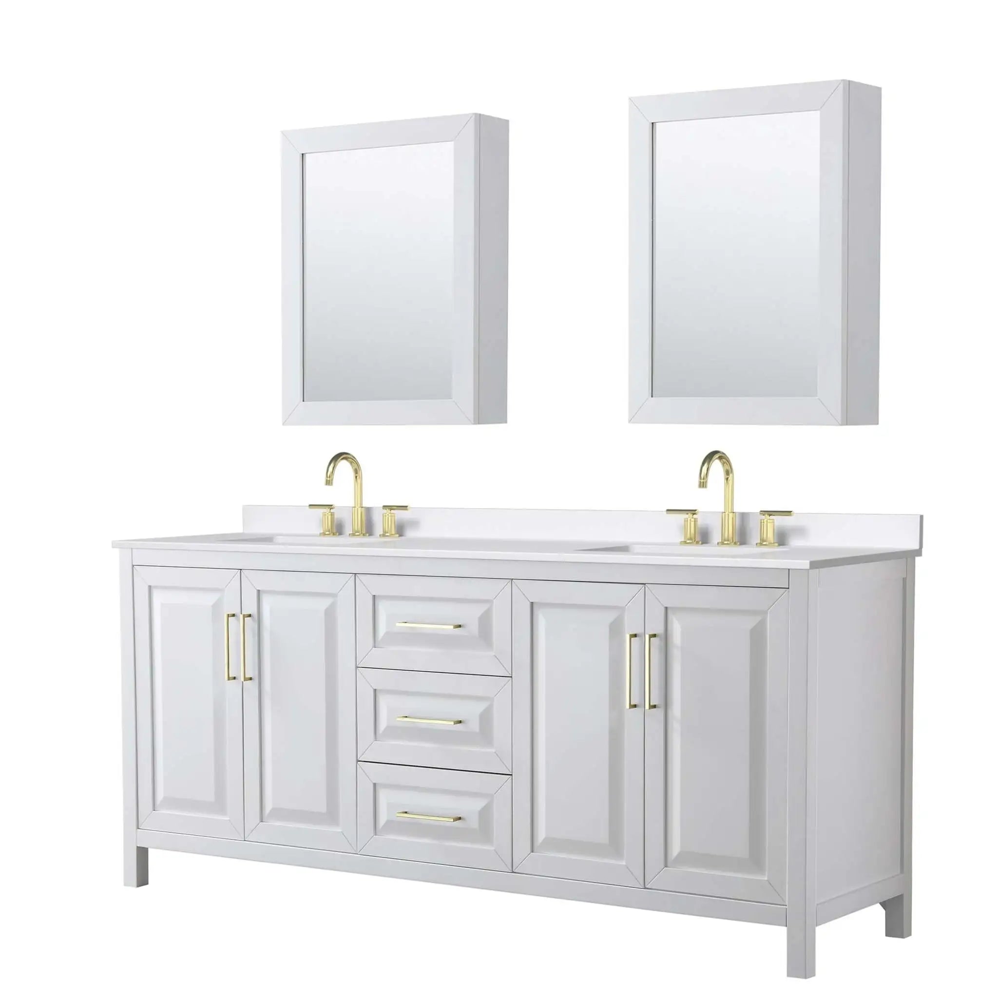 80" Daria Double Bathroom Vanity in White with Brushed Gold Trim & Medicine Cabinet by Wyndham