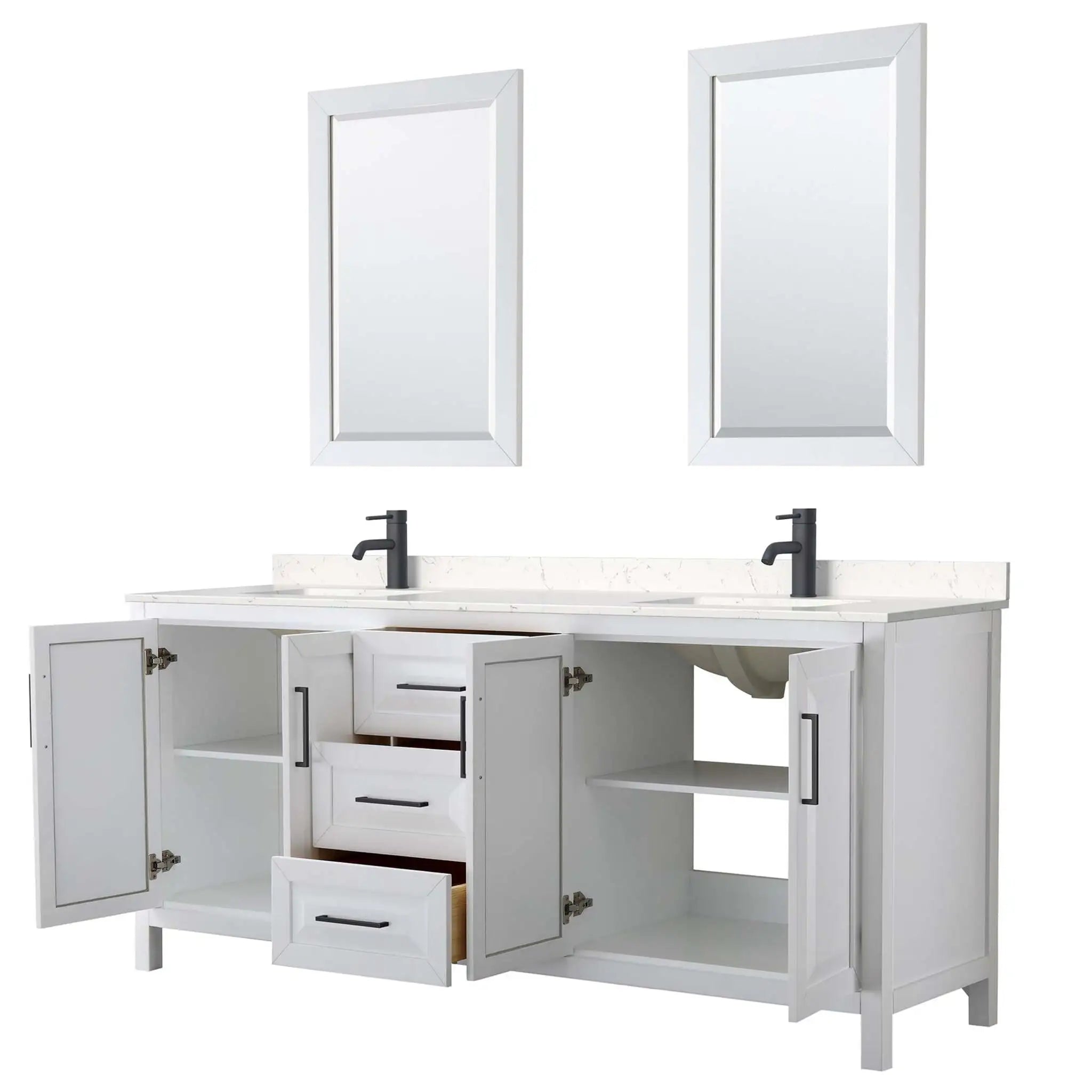 80" Daria Double Bathroom Vanity in White with Matte Black Trim & 24" Mirror by Wyndham