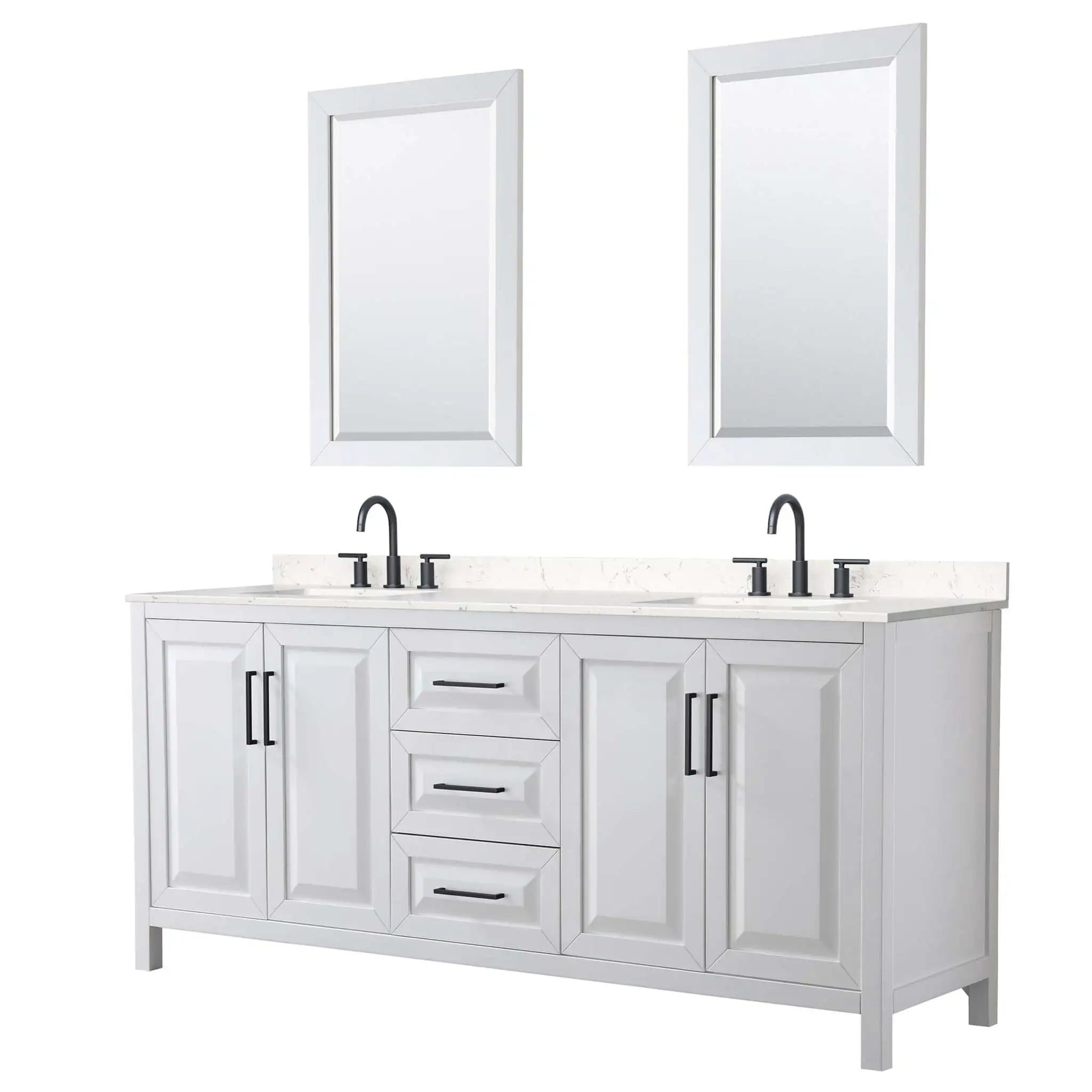 80" Daria Double Bathroom Vanity in White with Matte Black Trim & 24" Mirror by Wyndham