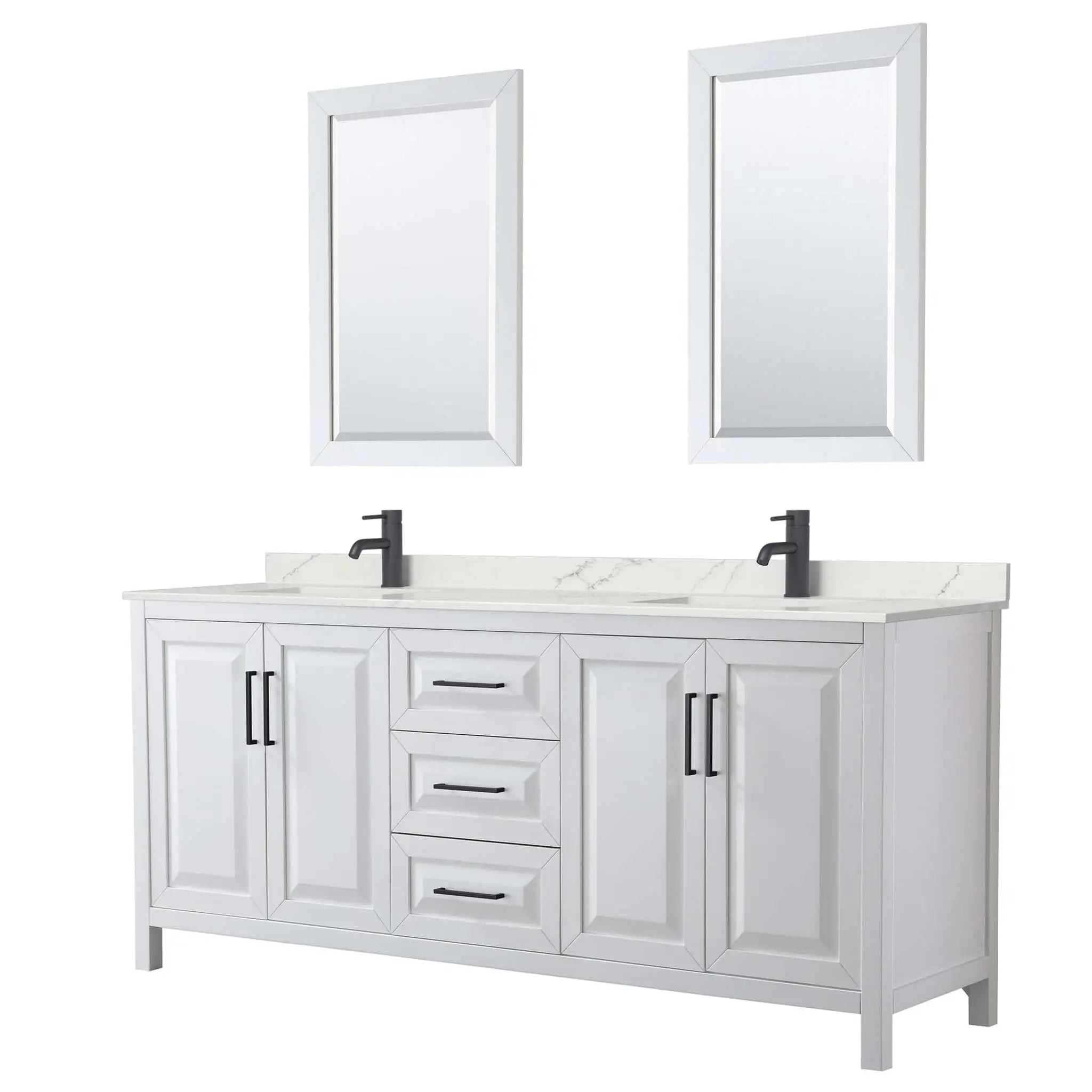 80" Daria Double Bathroom Vanity in White with Matte Black Trim & 24" Mirror by Wyndham