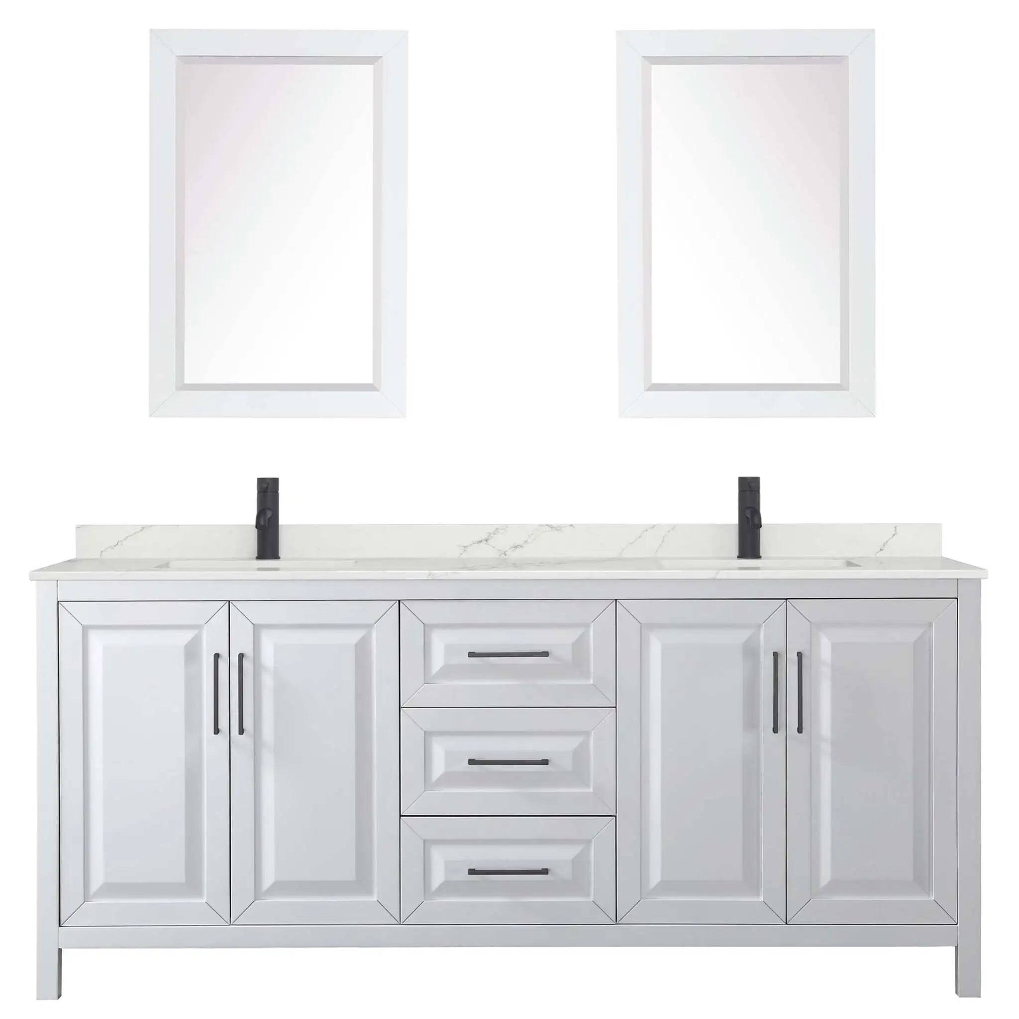 80" Daria Double Bathroom Vanity in White with Matte Black Trim & 24" Mirror by Wyndham