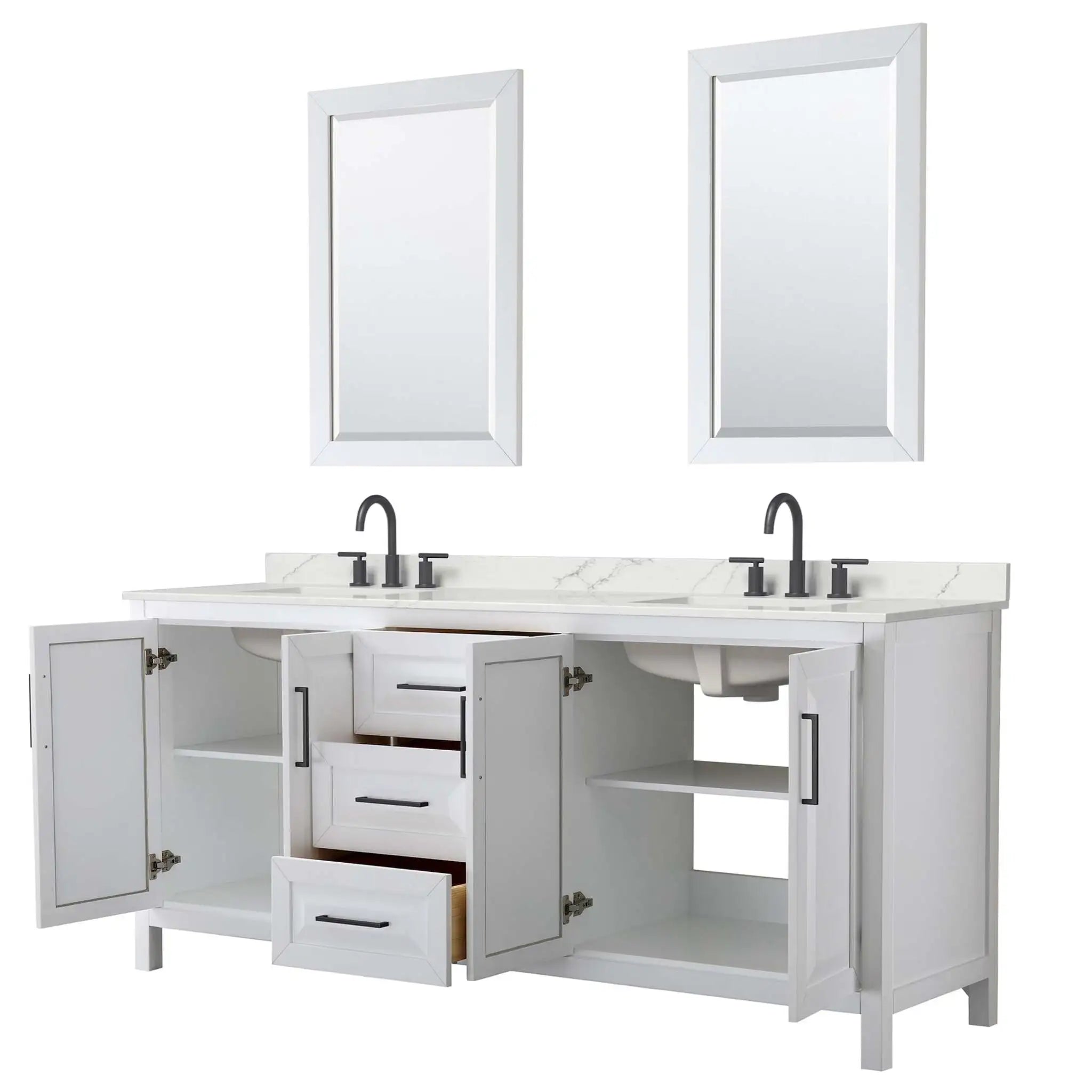 80" Daria Double Bathroom Vanity in White with Matte Black Trim & 24" Mirror by Wyndham