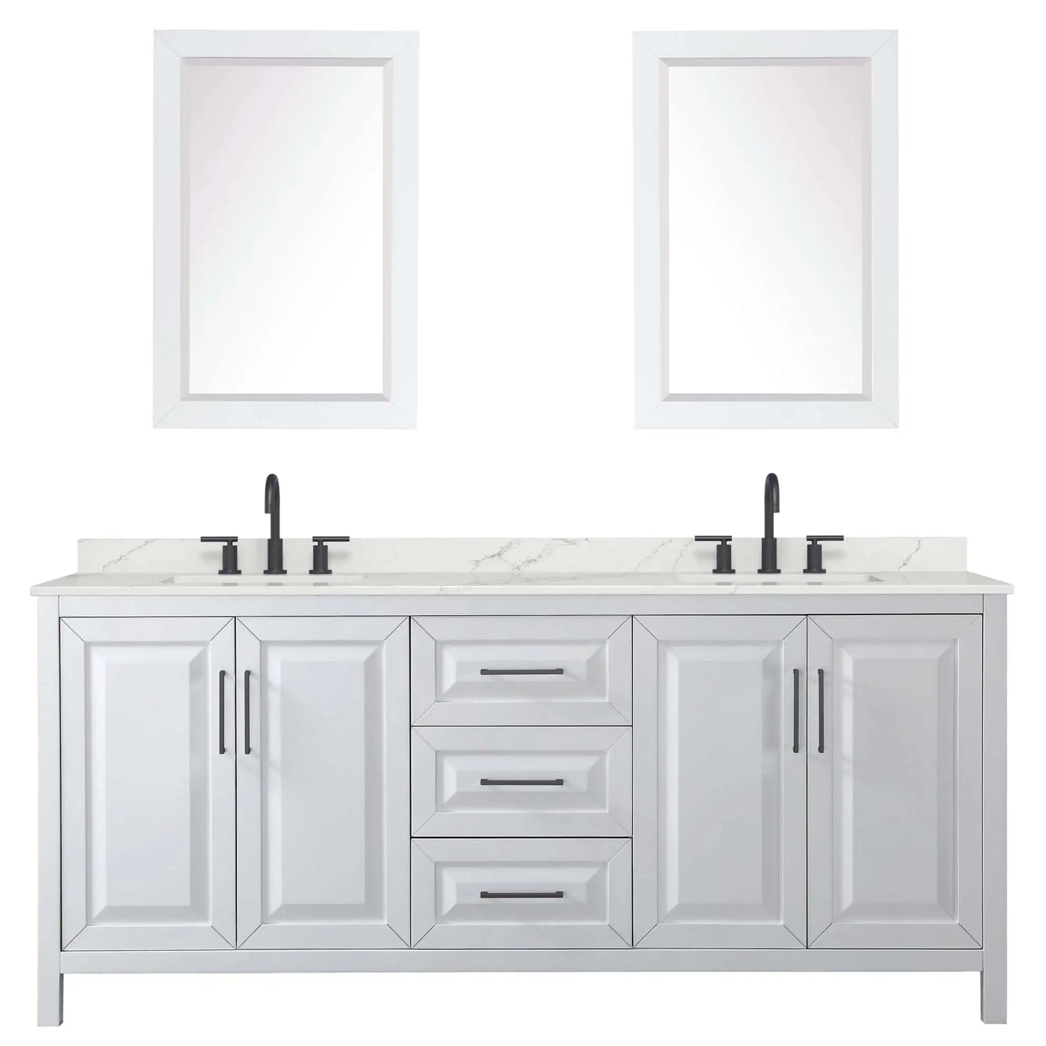 80" Daria Double Bathroom Vanity in White with Matte Black Trim & 24" Mirror by Wyndham