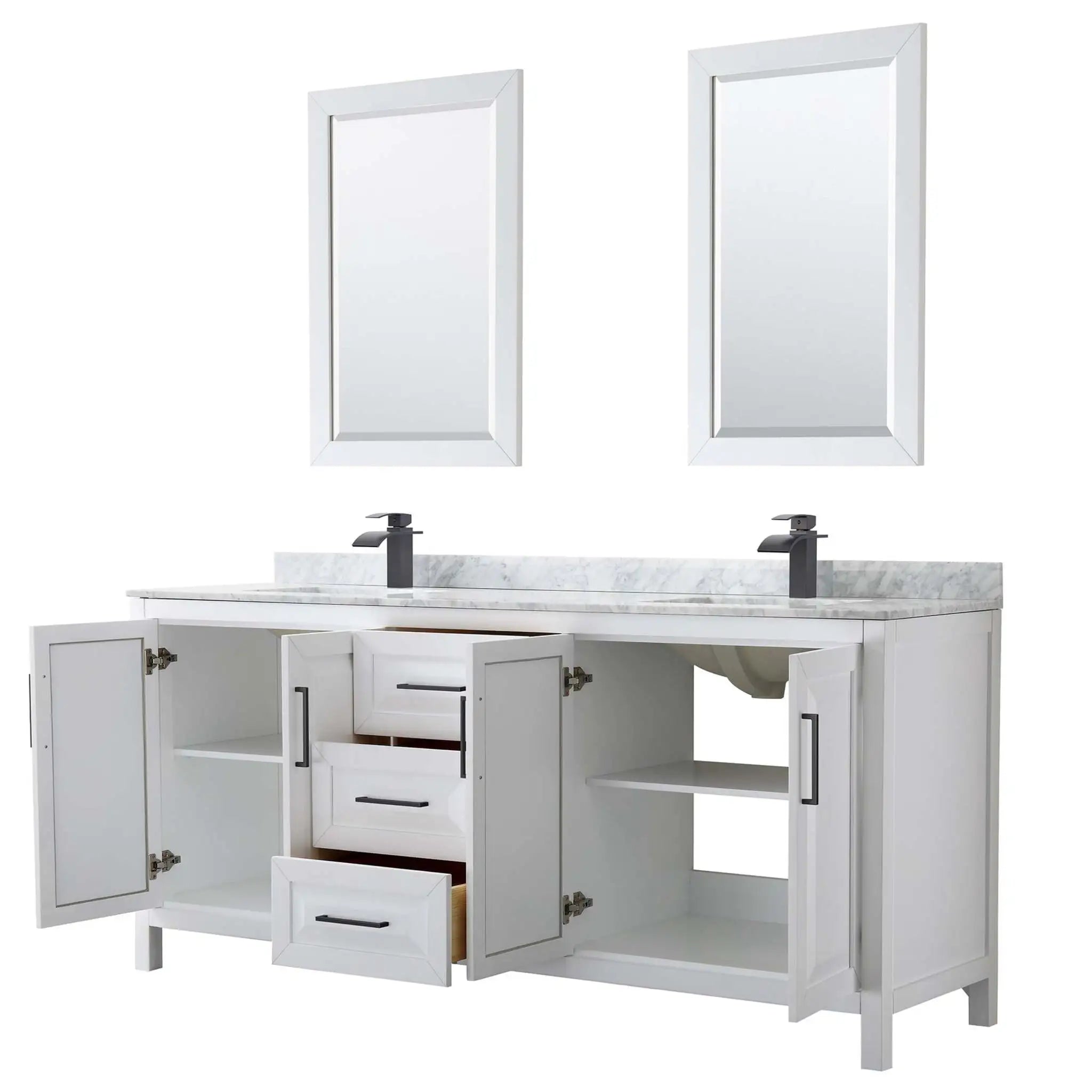 80" Daria Double Bathroom Vanity in White with Matte Black Trim & 24" Mirror by Wyndham