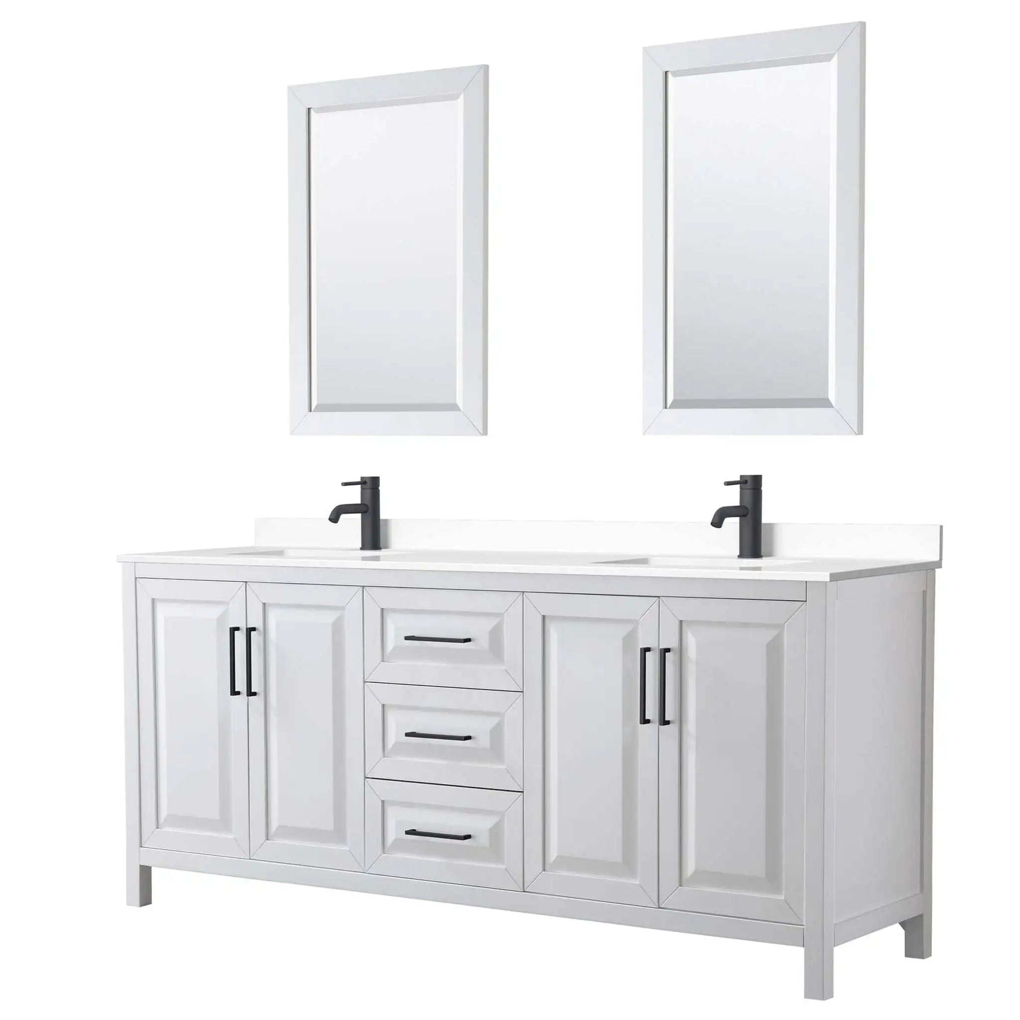 80" Daria Double Bathroom Vanity in White with Matte Black Trim & 24" Mirror by Wyndham