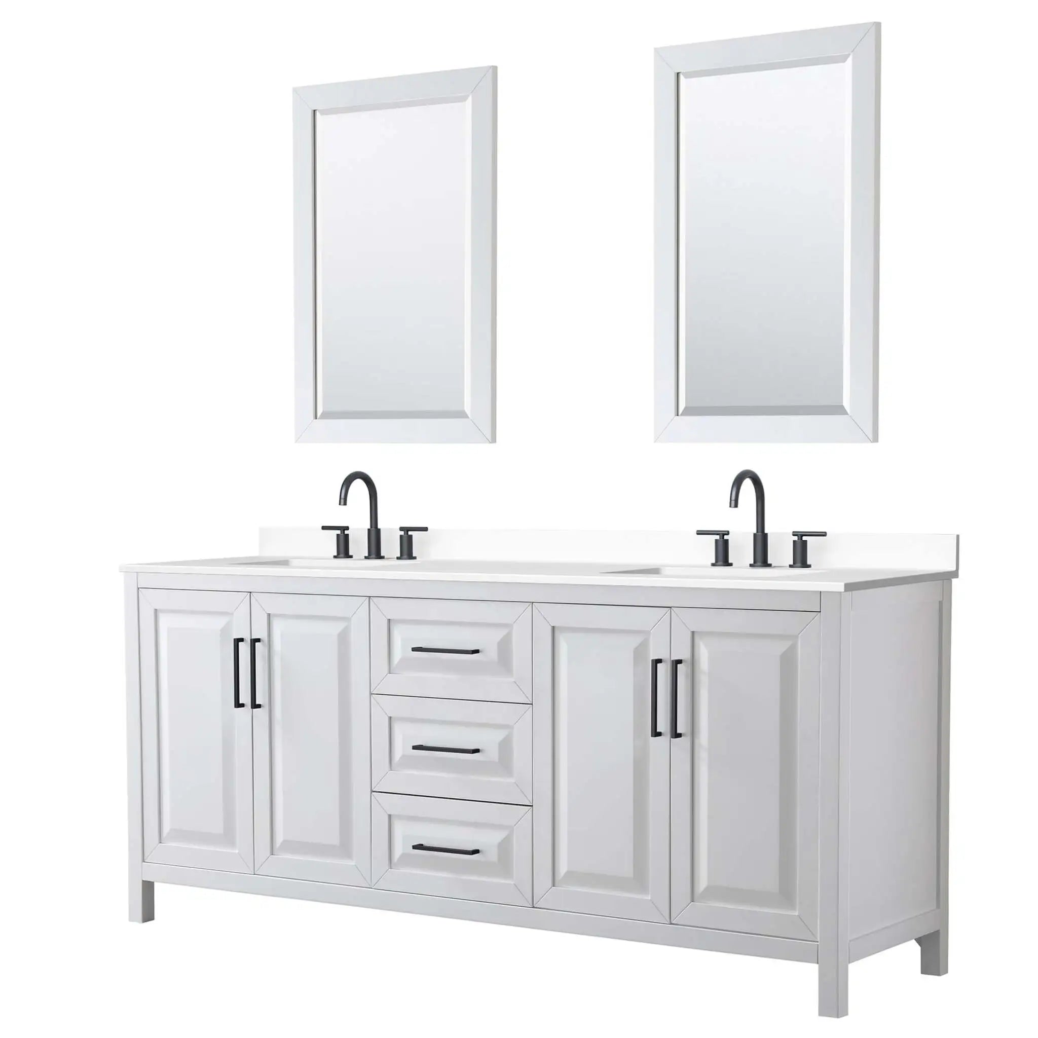 80" Daria Double Bathroom Vanity in White with Matte Black Trim & 24" Mirror by Wyndham