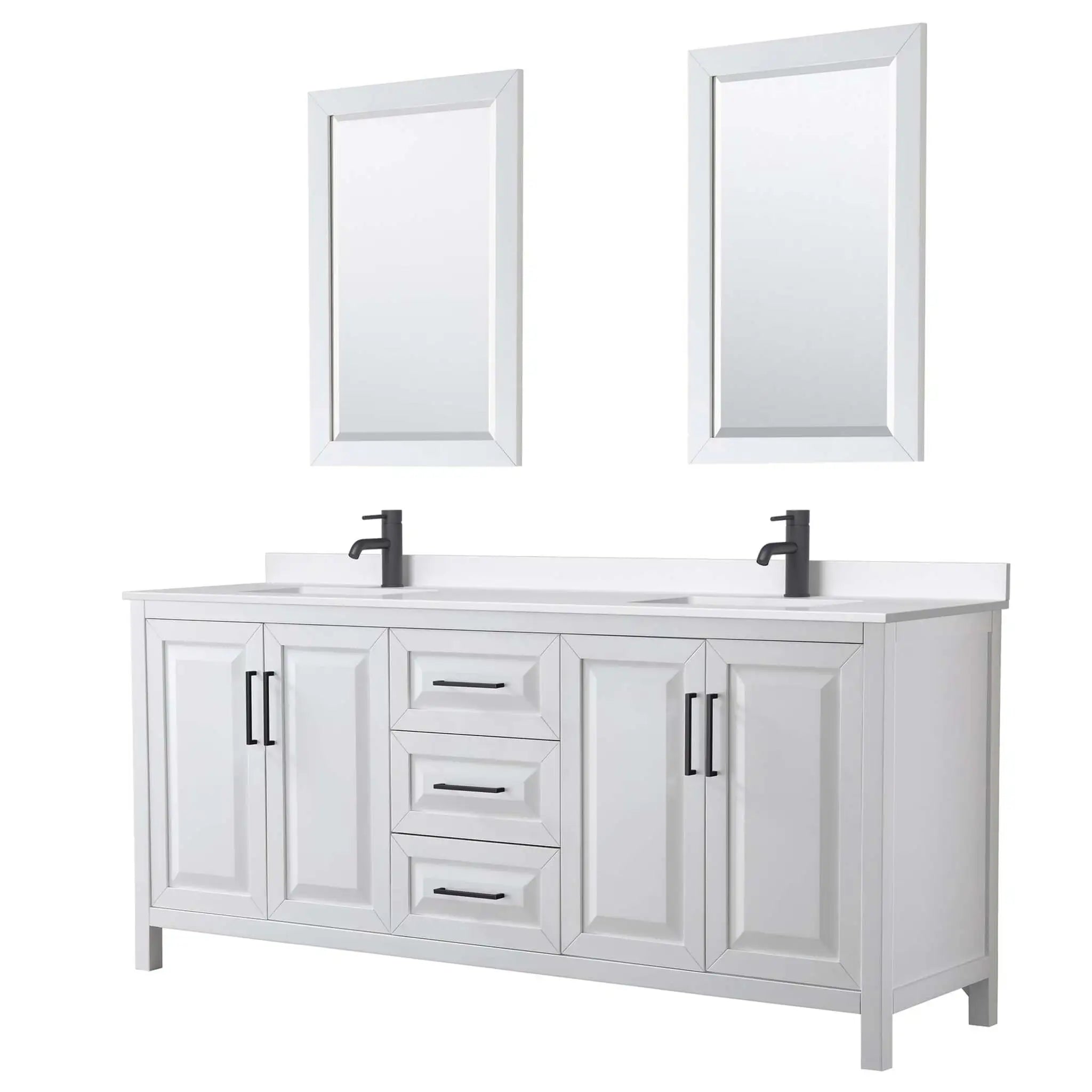 80" Daria Double Bathroom Vanity in White with Matte Black Trim & 24" Mirror by Wyndham