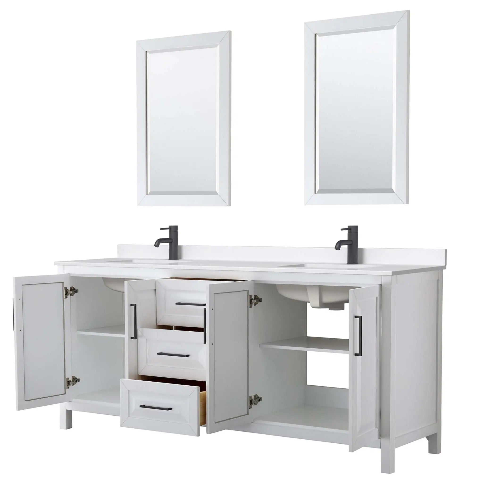 80" Daria Double Bathroom Vanity in White with Matte Black Trim & 24" Mirror by Wyndham