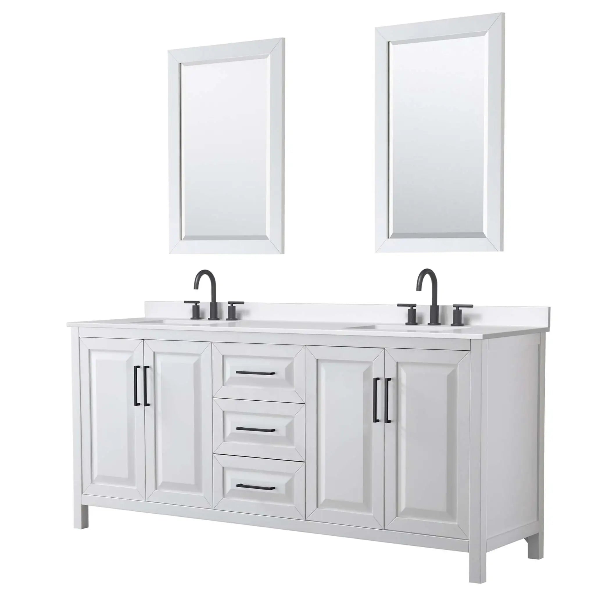 80" Daria Double Bathroom Vanity in White with Matte Black Trim & 24" Mirror by Wyndham
